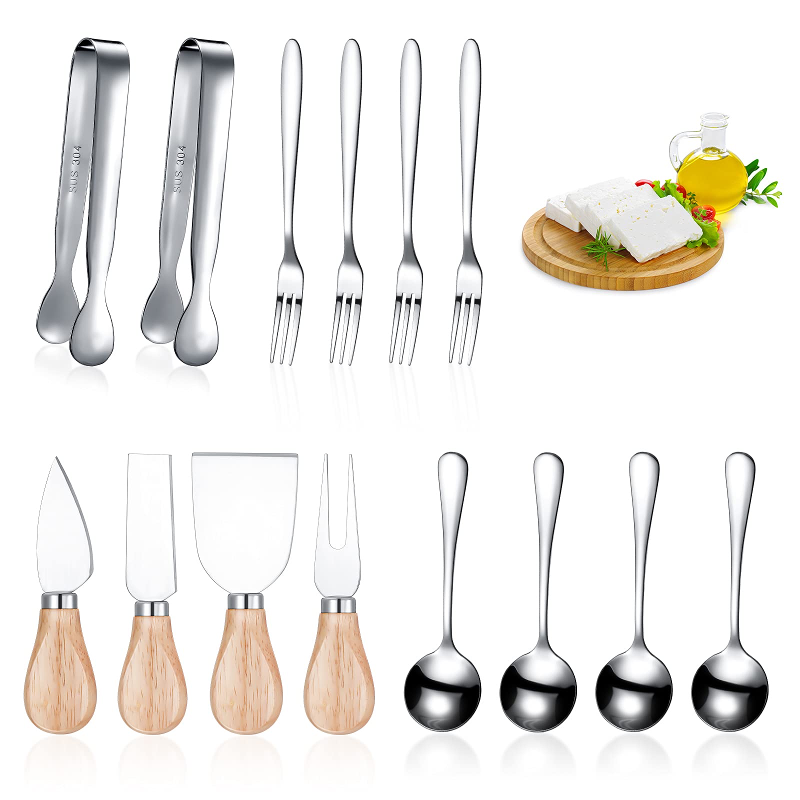 14-Piece Cheese Spreader Knife Set - Wood Handle Charcuterie Board Accessories with Butter Knives, Small Serving Spoons, Tiny Tongs & Forks - Perfect for Christmas, Birthday Parties & Charcuterie Platters