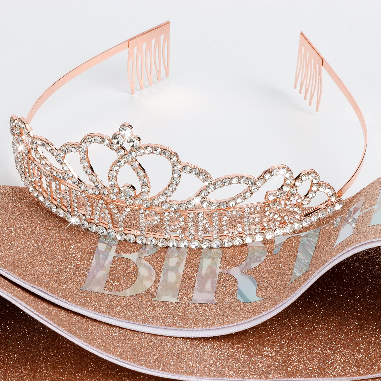 Royal Princess Crown & Sash Set - Sparkling Birthday Tiara for Women & Girls - Perfect Princess Party Decorations & Birthday Gifts - Ideal for Birthday Parties, Pageants, Dress-Up & Photo Shoots