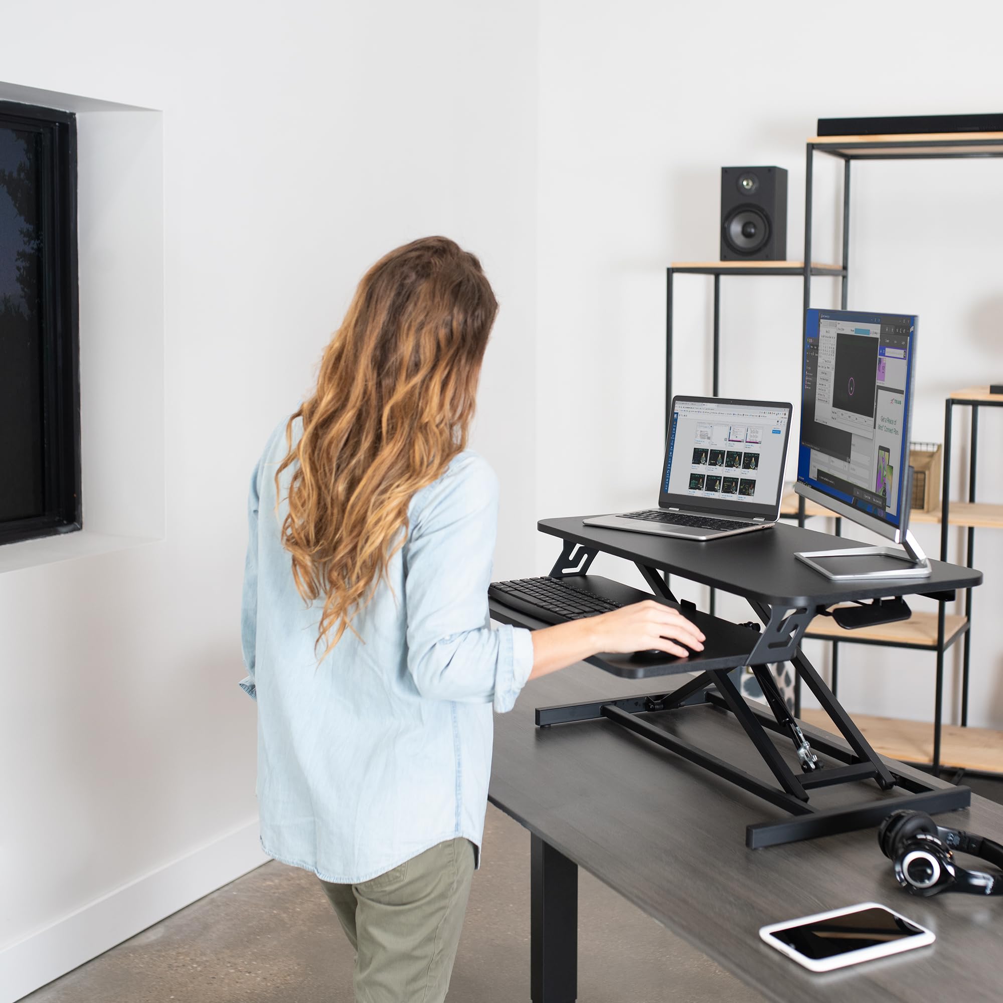 VIVO 32 Inch Adjustable Height Stand Up Desk Converter - Quick Sit to Stand Workstation with Dual Monitor Riser, Black (DESK-V000S) - Perfect for Home Office, Gaming & Ergonomic Workspace Setup