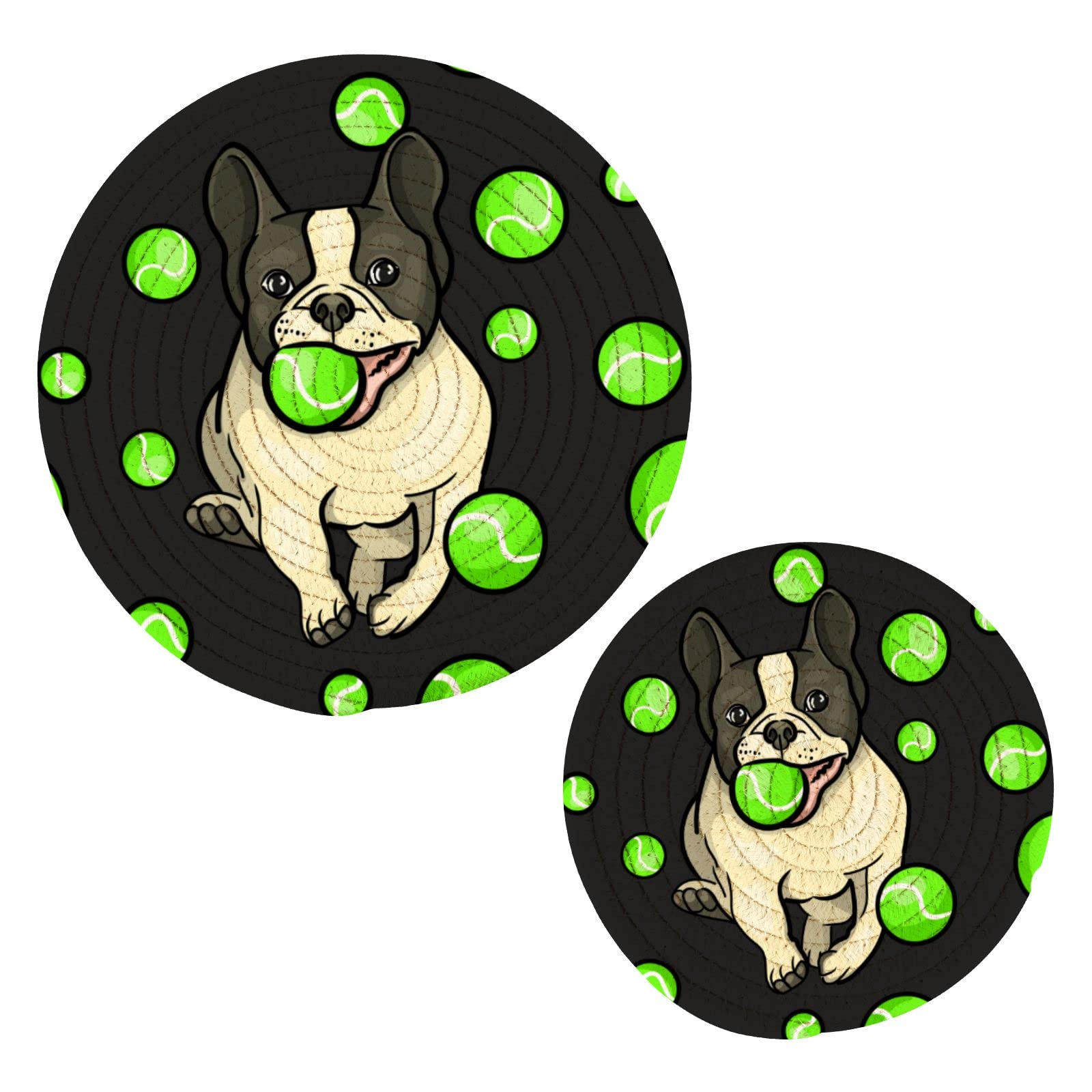 Tennis Ball Bulldog Trivets Set - 2 Pcs Cotton Hot Pads for Kitchen Pots & Pans - Farmhouse Style Countertop Protection