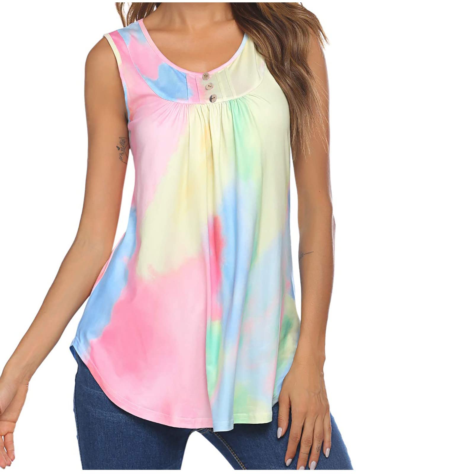 Women's Sleeveless Tunic Tank Tops - Loose Fit Casual Gradient Floral Blouse for Summer | Round Neck Loose T-Shirts for Beach, Vacation & Everyday Wear