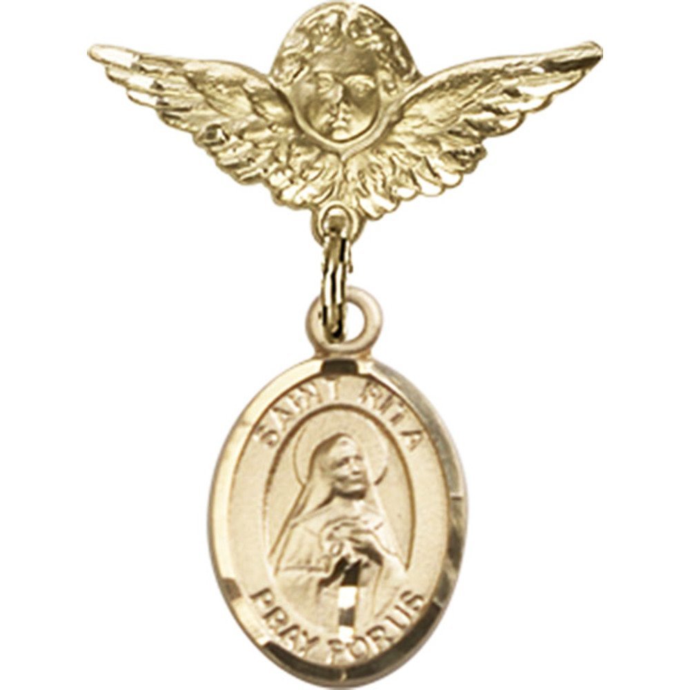 Gold Filled Baby Badge Pin with St. Rita Charm, Baseball & Angel Wing Charms - 1 x 3/4 Inch - Perfect for Baby Showers, Christenings & Keepsake Jewelry Gifts