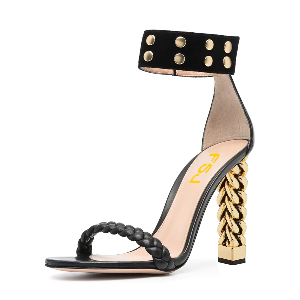FSJ Women's Gold Metallic Chain Strap High Heel Sandals - Open Toe Ankle Strap Slingback Dress Shoes for Summer Weddings & Parties (US 4-15) Comfortable Strappy Heels for Women