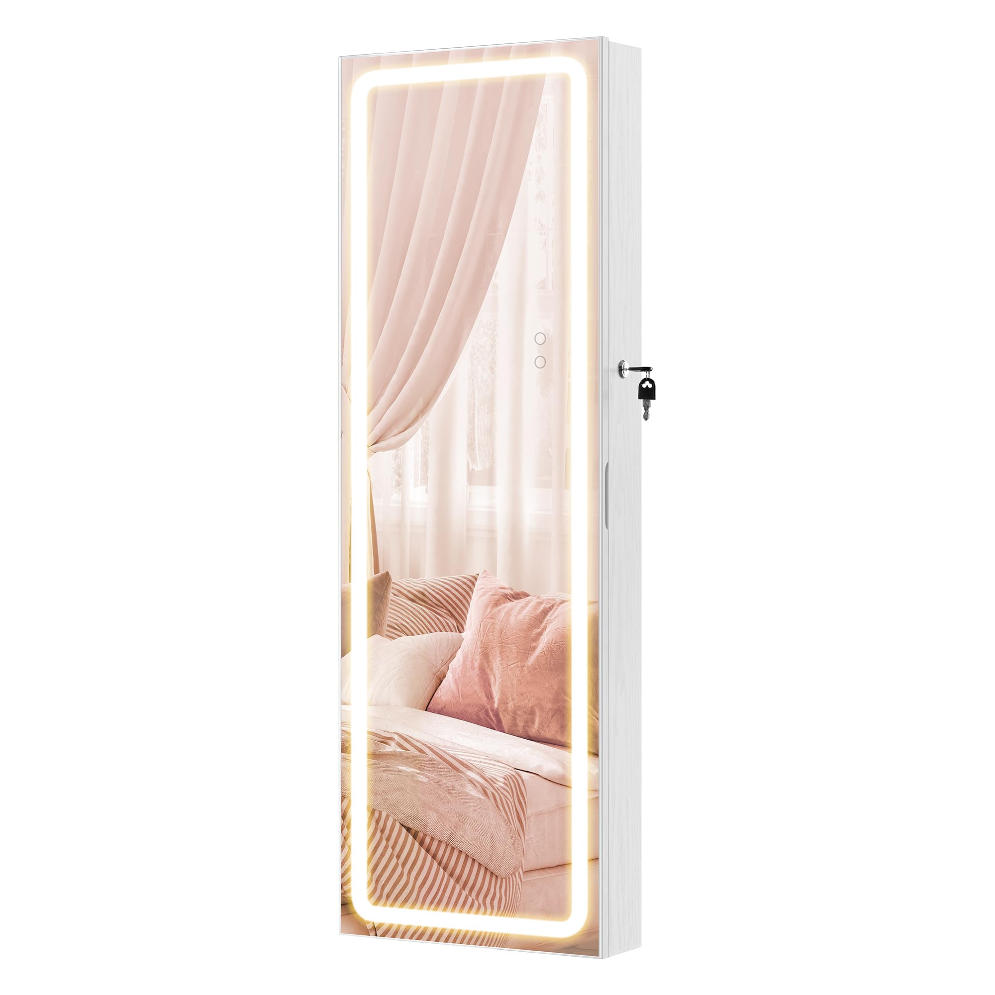 SONGMICS LED Mirror Jewelry Cabinet Armoire with 2 Cosmetic Organizers - Wall/Door Mounted Lockable Jewelry Storage Organizer, Frameless Mirror Cabinet for Bedroom, Bathroom & Dressing Room - White UJJC011W01