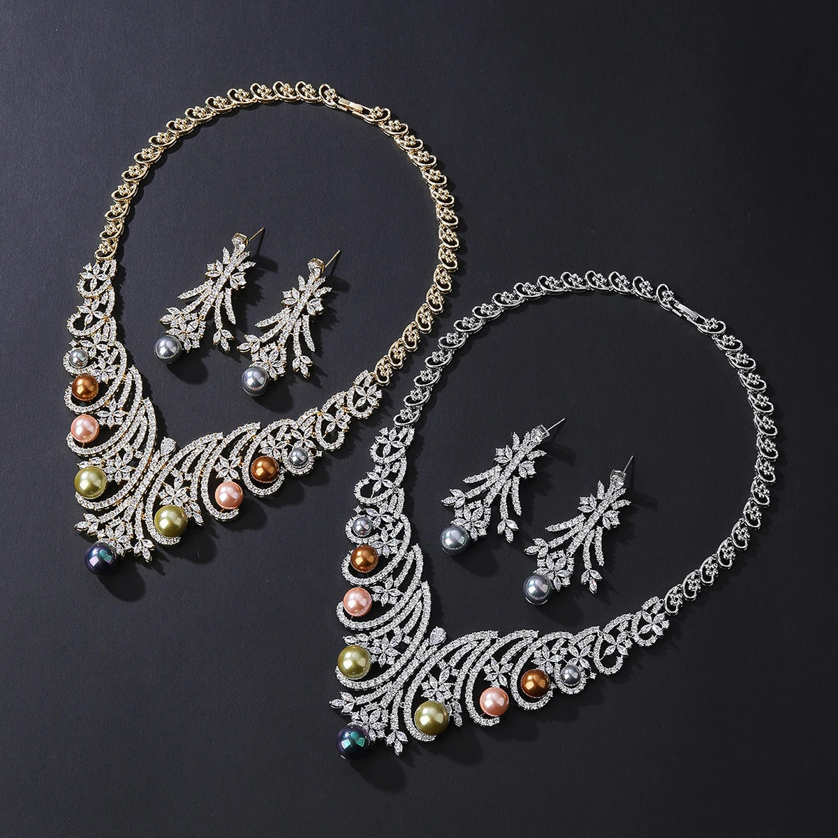 Luxury Cubic Zirconia Flower Necklace for Women - Colorful Pearl Jewelry Set, Elegant Bridal Wedding Accessories - Perfect for Weddings, Anniversaries & Special Occasions