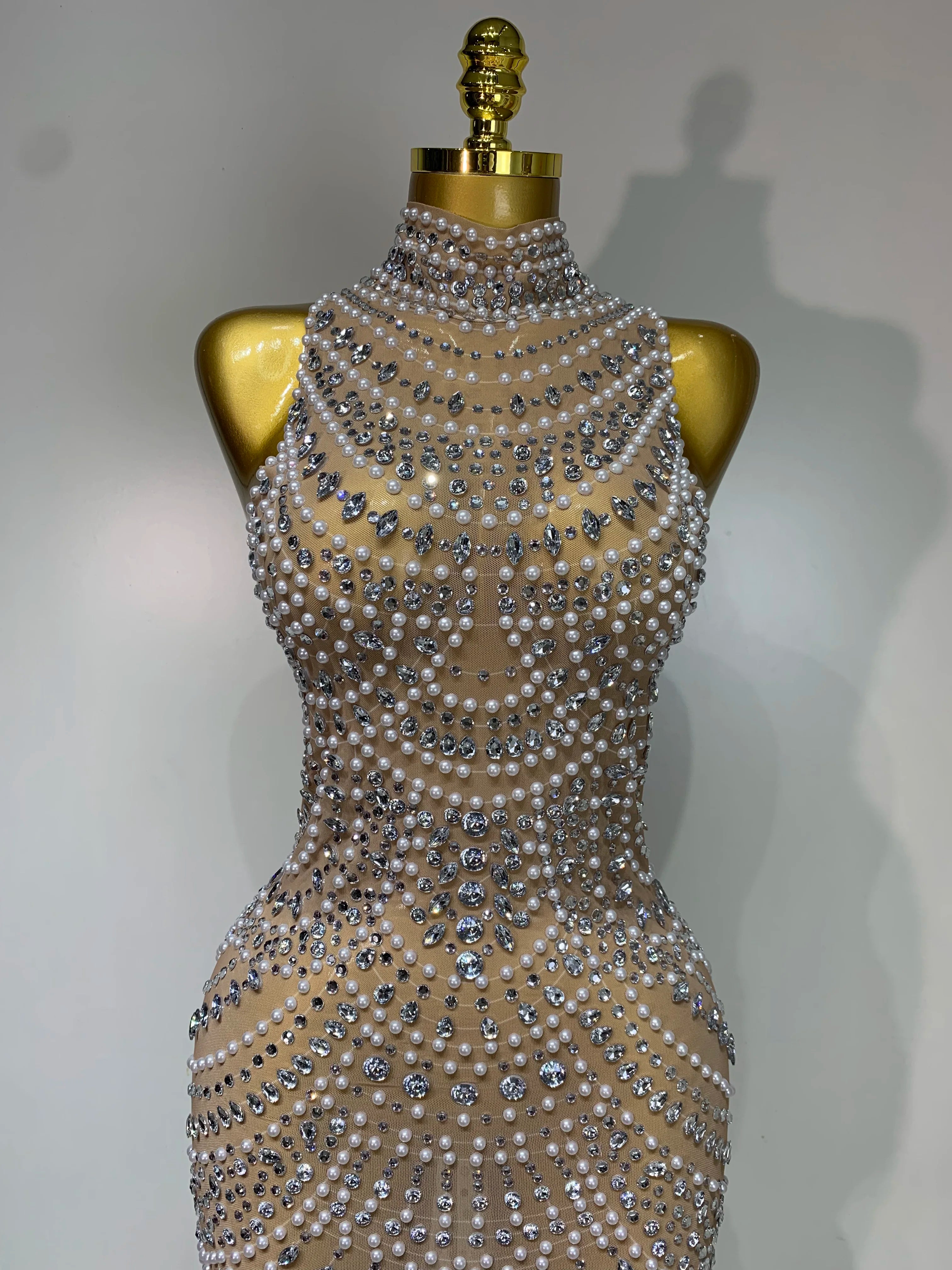 Elegant Sparkly Pearl Rhinestone Sleeveless Long Evening Dress for Women - Perfect for Birthday Party, Prom, Wedding & Luxury Photoshoot Outfits | Formal Gowns & Special Occasion Dresses