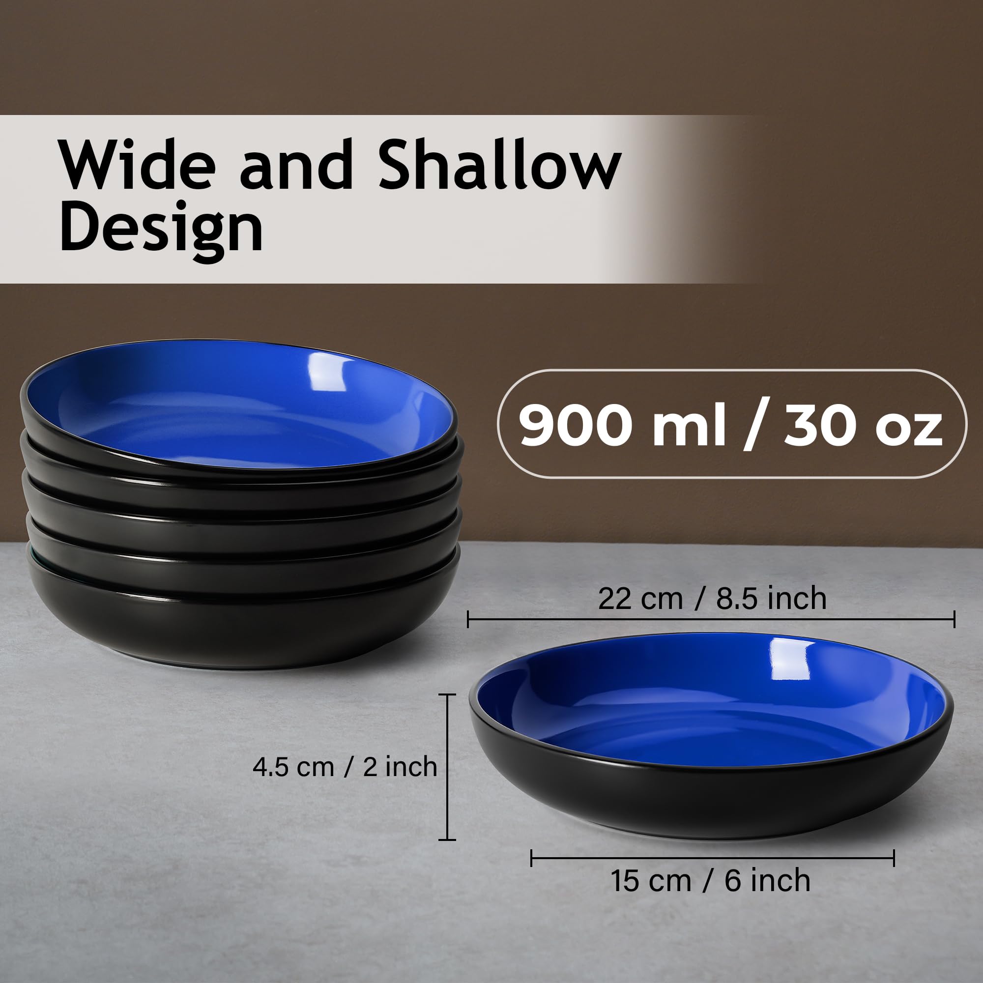 MIAMIO – Set of 6 Pasta & Salad Bowls - 30 Oz Wide Shallow Ceramic Stoneware Soup Plates, Microwave & Dishwasher Safe - Le Papillon Collection (Blue) - Perfect for Italian Pasta, Fresh Salads, Soup Serving & Family Dinners