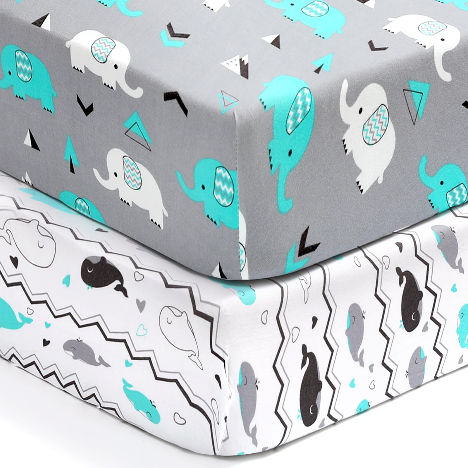 BROLEX Baby Fitted Crib Sheets Set of 2 - Soft Jersey Knit Crib Bedding for Standard Toddler Crib Mattress - Elephant & Whale Design for Boys & Girls - Perfect for Nursery, Daycare & Travel