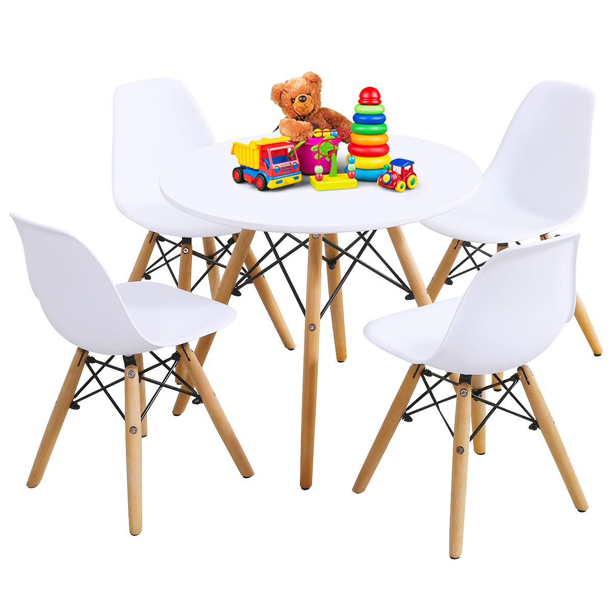 Costzon 5-Piece Kids Table and Chair Set - Mid-Century Modern Style Wooden Legs & Iron Frame Toddler Desk for Dining, Drawing, Playing - High Weight Capacity (White) - Perfect for Preschool Learning, Playroom, and Children's Activities