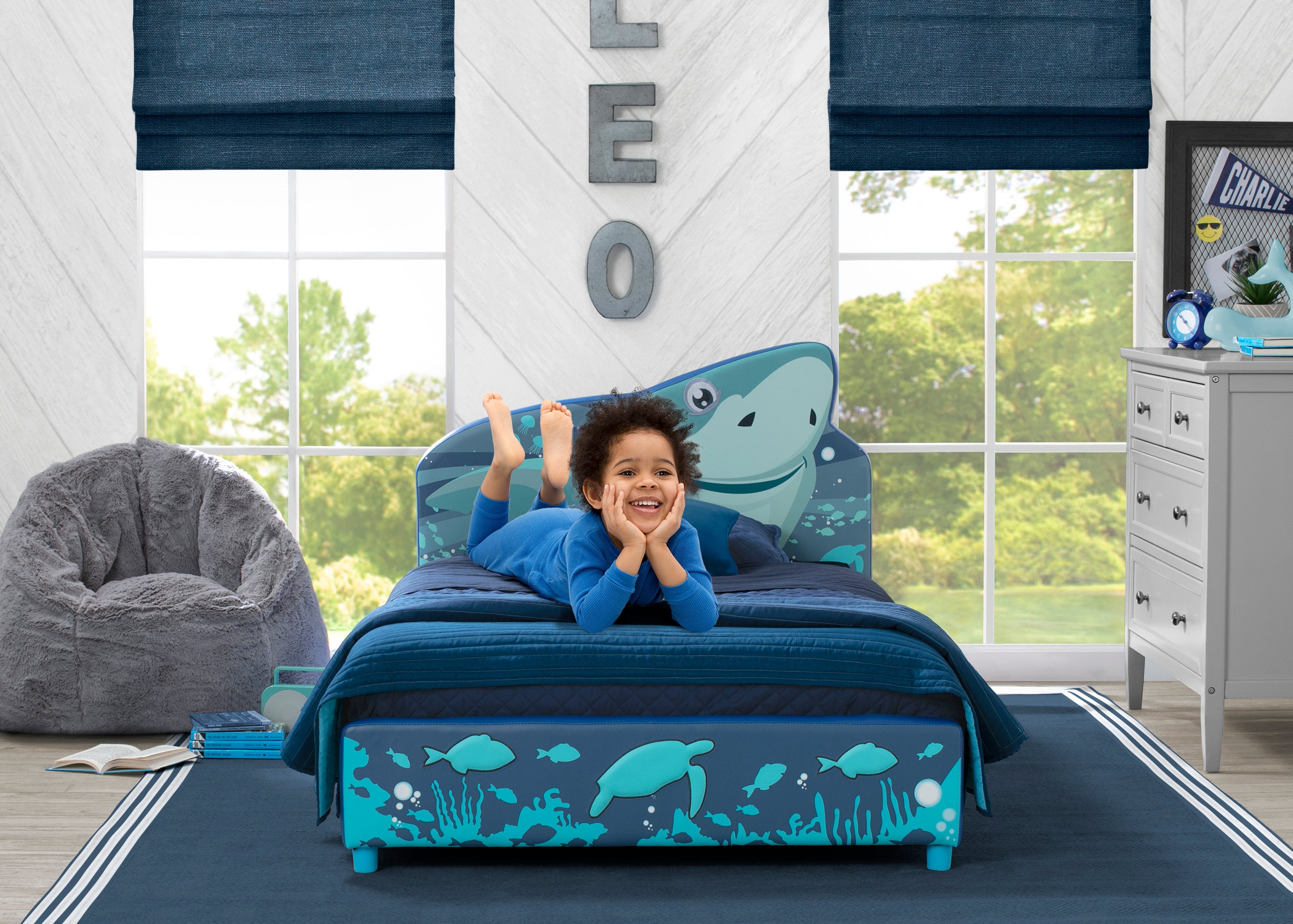 Shark Upholstered Twin Bed - Soft Fabric Platform Bed Frame with Sturdy Wooden Legs for Kids & Teens Bedroom, Dorm Room or Guest Room