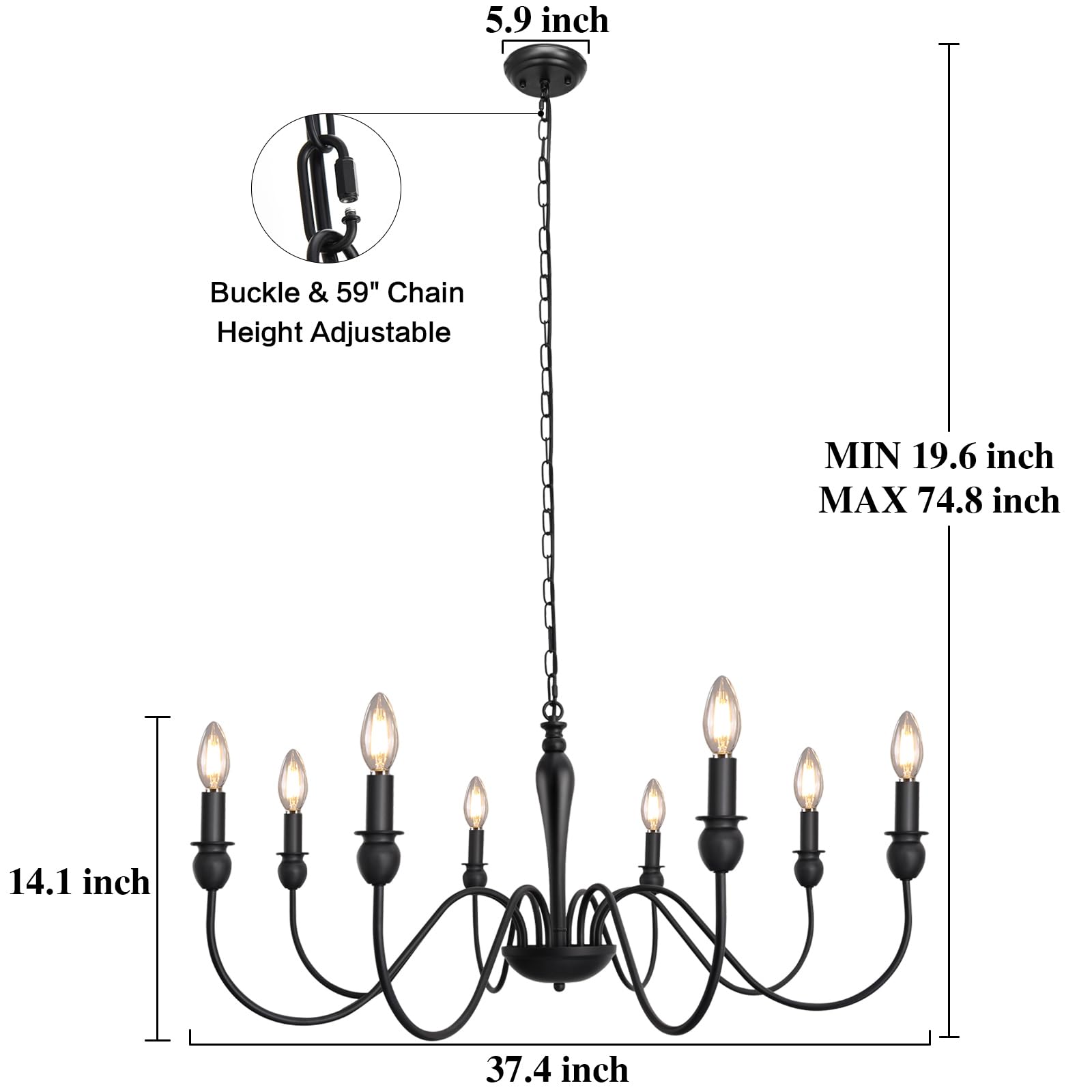 Matte Black Farmhouse Chandelier - 8-Light Rustic Industrial Ceiling Fixture (37 Inch) for Dining Room, Living Room, Bedroom, Kitchen Island & Foyer | Perfect for Farmhouse Decor, Modern Rustic Interiors & Candle-Style Lighting