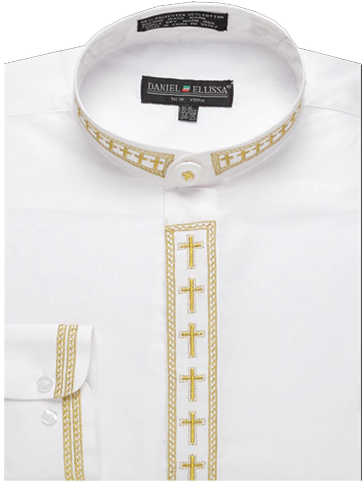 Men's White & Gold Embroidered Banded Collar Shirt - Casual & Formal Wear for Office, Party & Special Occasions