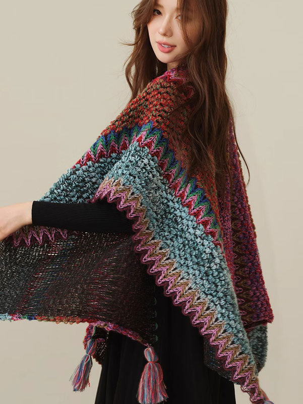 Stylish Color Block Knit Winter Wrap Shawl for Women - Cozy Fashion Scarf for Cold Weather & Holiday Outfits