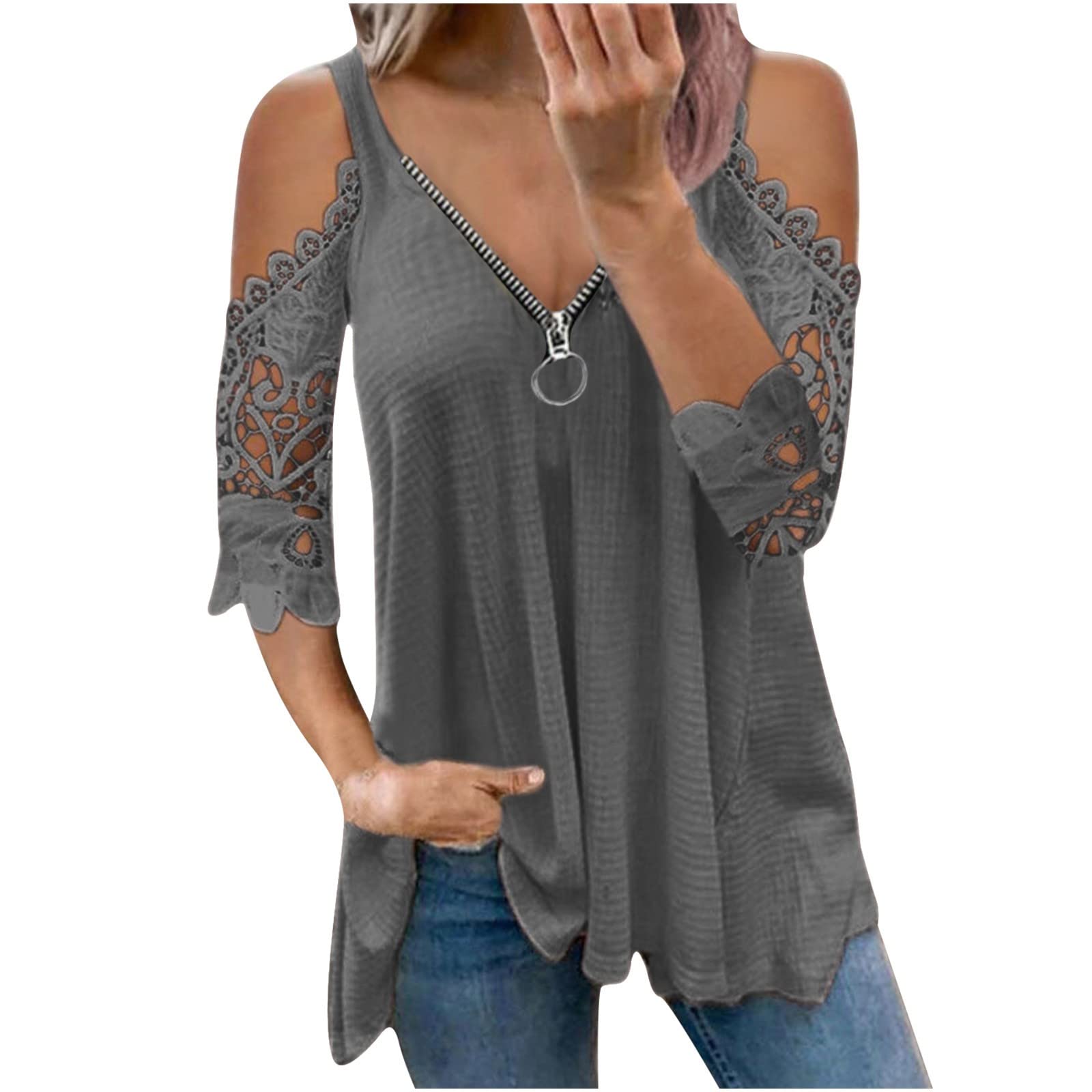 Trendy Women's Cold Shoulder Spring Tops 2023 - Lace Half Sleeve V-Neck Zipper Hollow Out Blouse for Casual Summer Wear | Perfect for Beach Outings, Date Nights & Office Casual