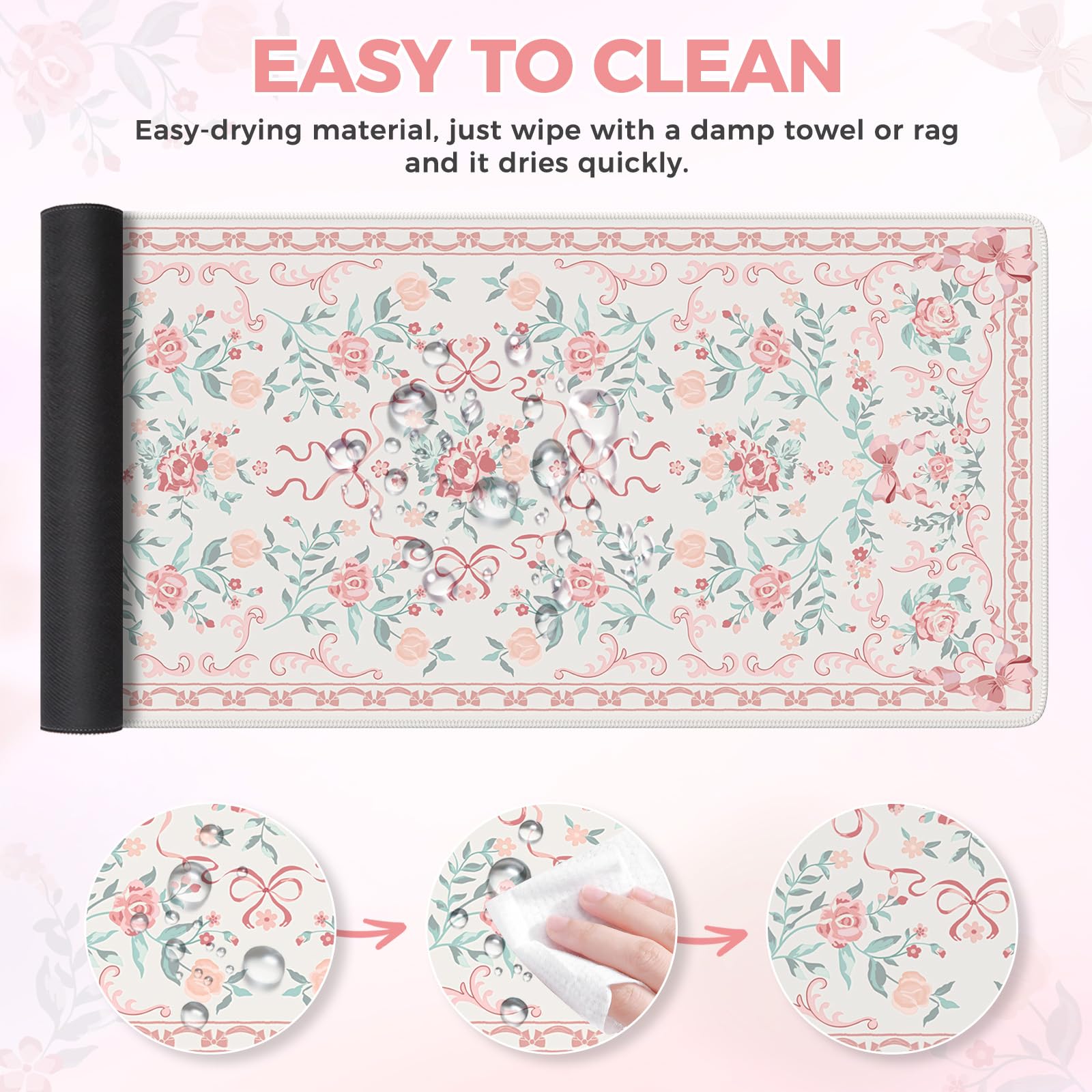 iCasso Pink Large Non-Slip Desk Mat with Stitched Edges - Cute Bow Mouse Pad for Women, Home Office, Study & Gaming - Soft Computer Desk Pad for Laptop, Keyboard & Workspace Organization