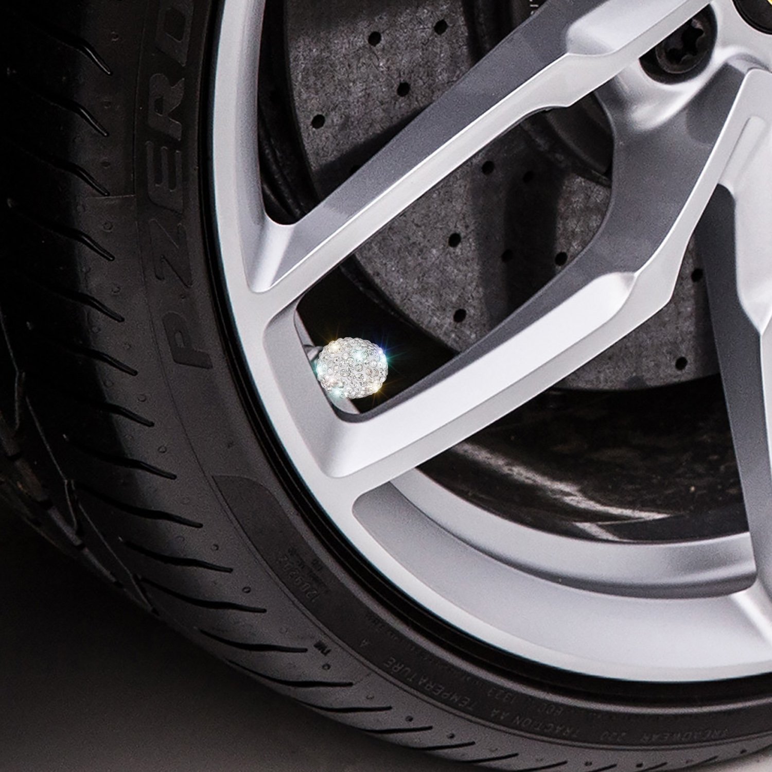 SAVORI 4 Pack Handmade Crystal Rhinestone Tire Valve Caps - Elegant White Dustproof Car Accessories for Wheels, Perfect for Luxury Vehicles & Gift Giving