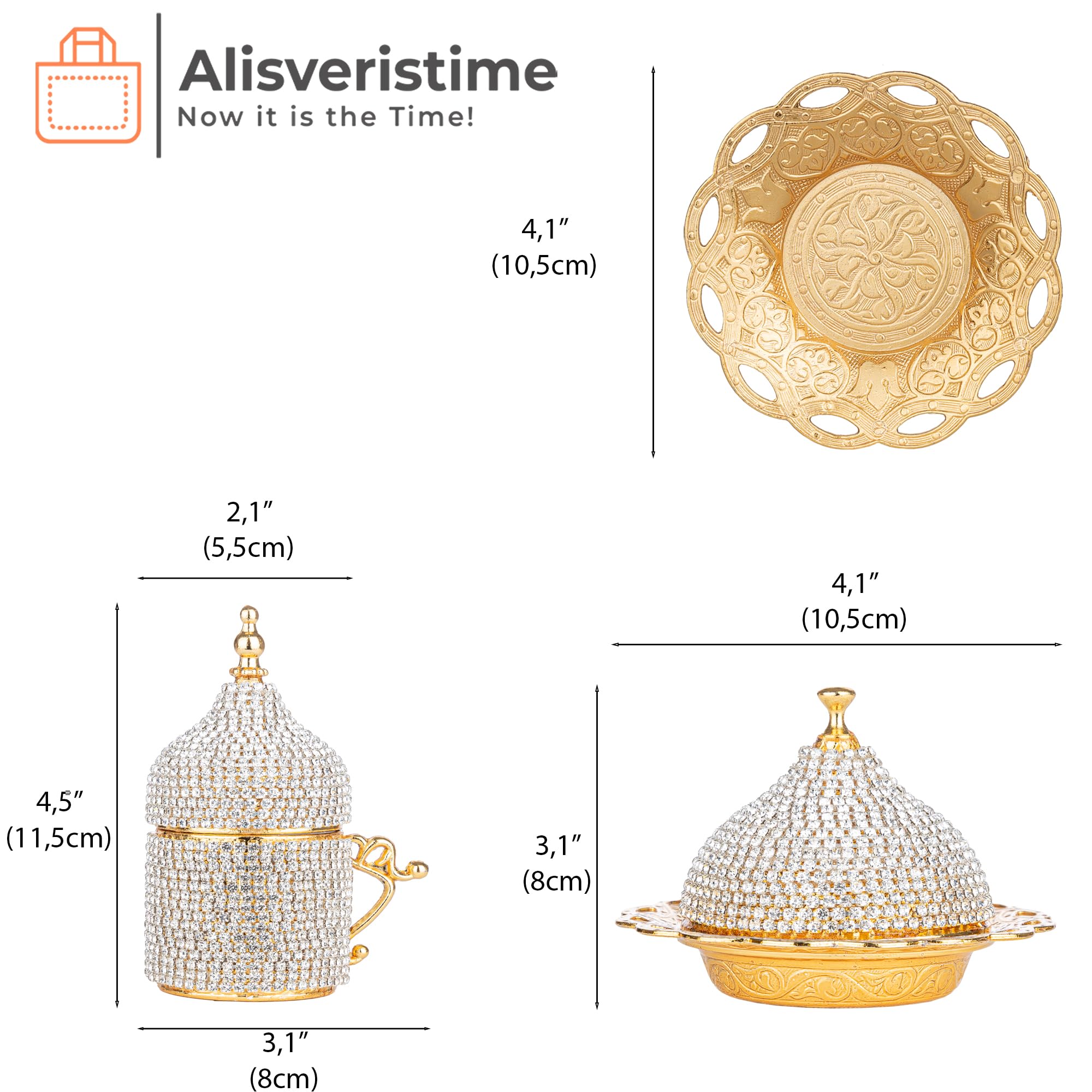 27-Piece Turkish Coffee Set with Crystal Embellishments – Gold Zamac Espresso Cups, Saucers & Sugar Bowl with Decorative Tray – Elegant Home Decor for Entertaining Guests, Afternoon Tea, or Gift Giving