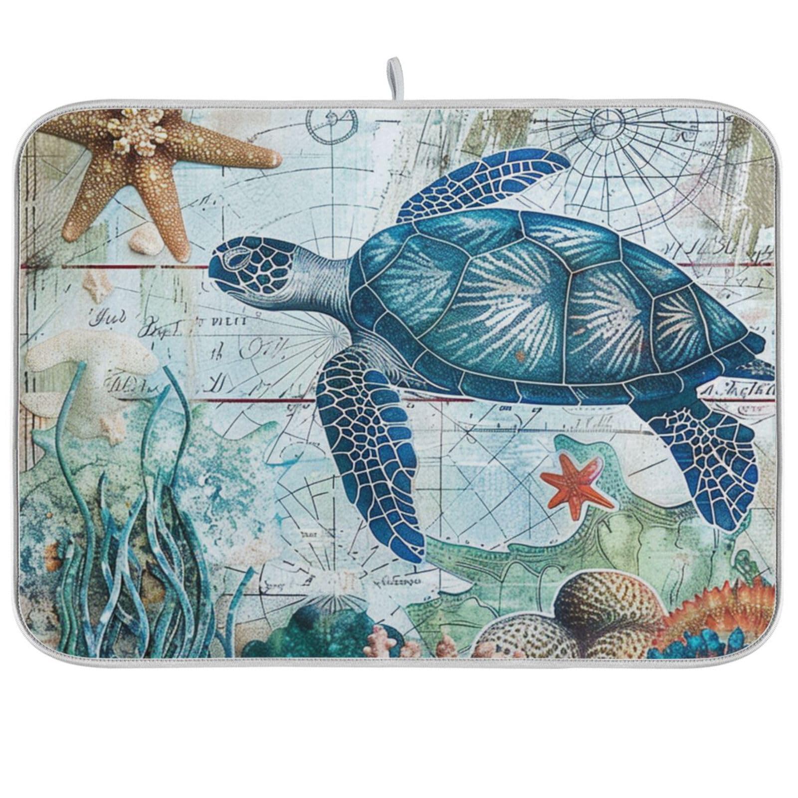 Ocean Sea Turtle Dish Drying Mat - 16x18in Absorbent Microfiber for Kitchen Counter - Fast Dry for Dishes & Utensils