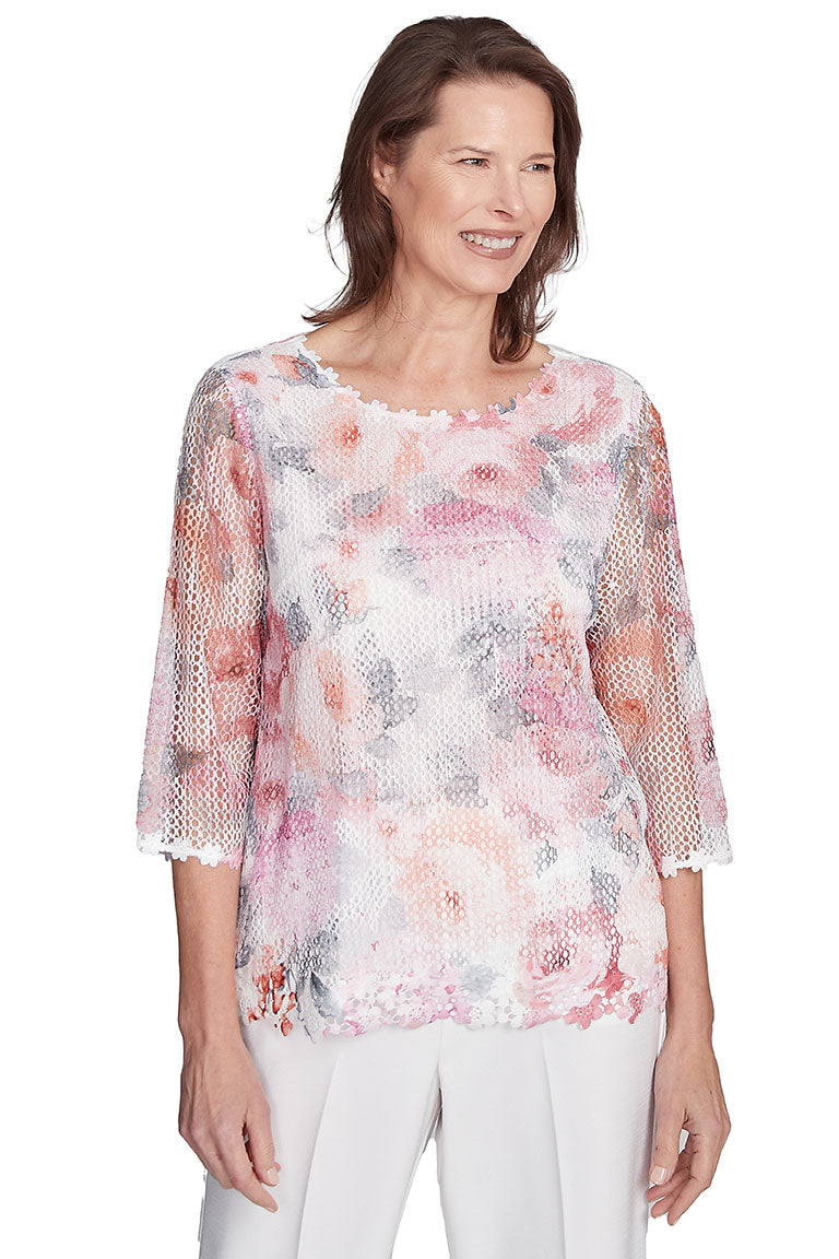 Estate Of Mind Floral Mesh Top Women's Fashion Blouse - Perfect for Summer Outfits, Beach Wear & Boho Style