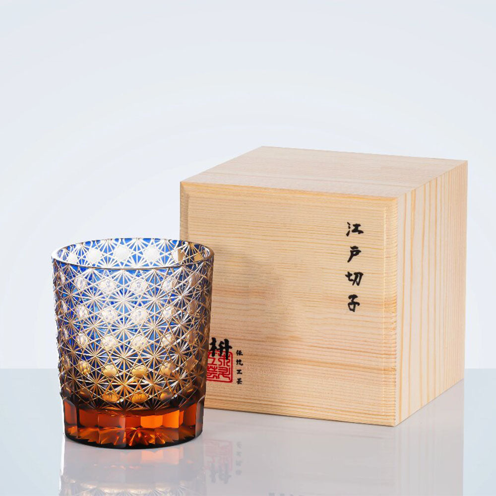 Edo Kiriko Amber Star Chrysanthemum Whiskey Glass - Handcrafted Japanese Cut Crystal Tumbler for Scotch, Bourbon, Tea - Elegant Barware & Gift for Whiskey Lovers