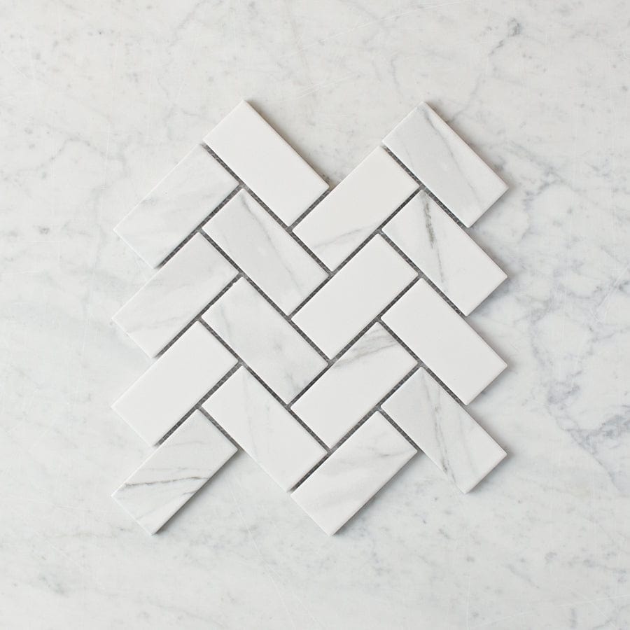Premium Carrara Matte Herringbone Tile - Natural Stone Mosaic for Kitchen Backsplash, Bathroom Floor & Shower Wall - 12x24 Inch White Marble Tile (10 Sheets/Box)