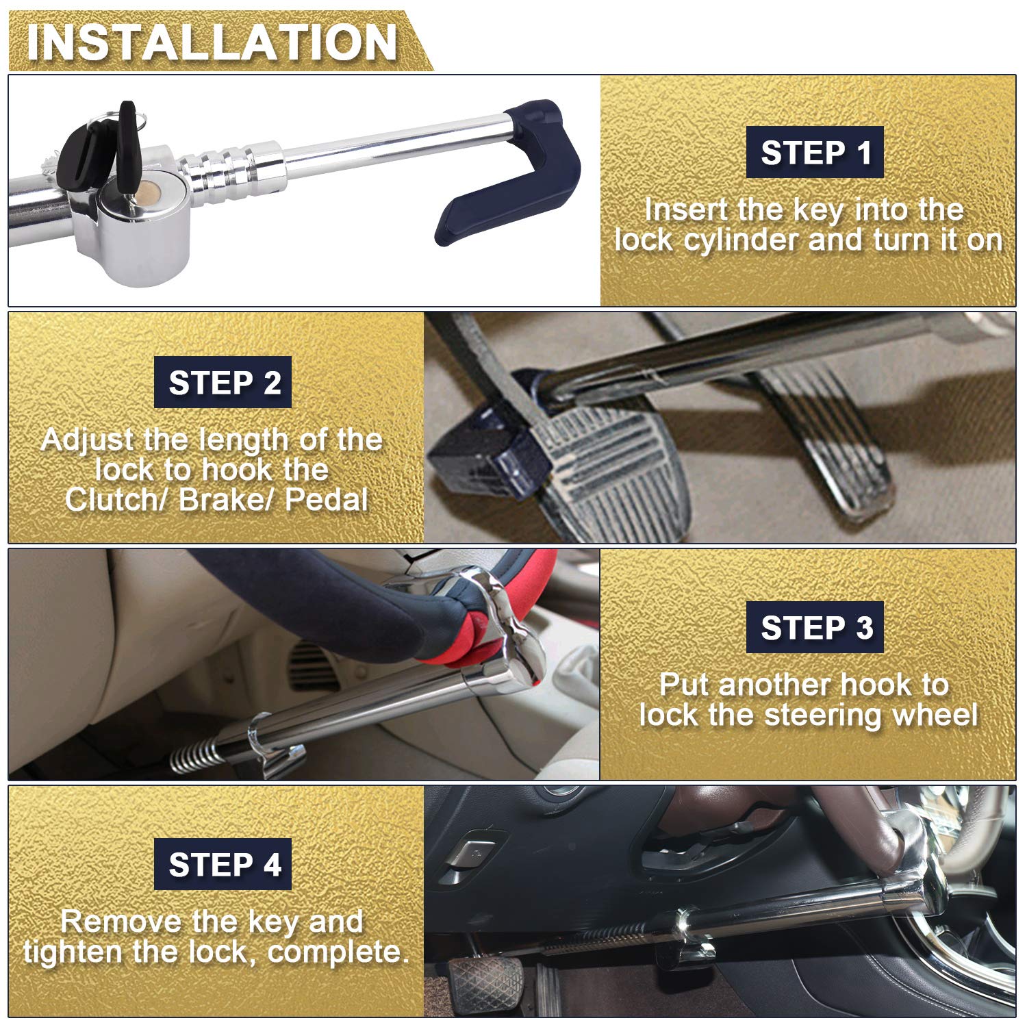 Universal Steering Wheel Brake Lock - Anti-Theft Car Security for SUV/Truck/Van with 3 Keys - Parking Protection