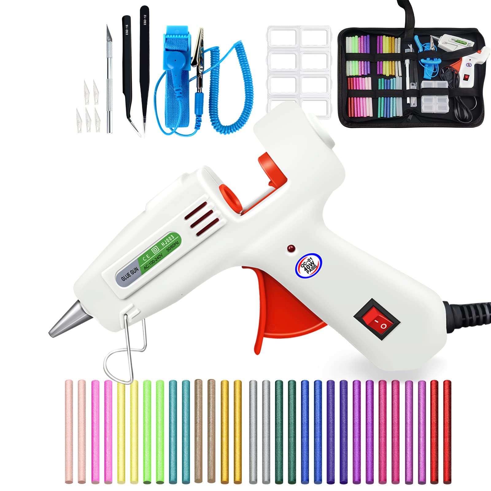 **16-Color Glue Gun Kit with 32 Glue Sticks, 5-Blade Carving Knife, Anti-Static Wristband & Pointed Tweezers - 40W Fast Heating for DIY Crafts, Home Repairs & School Projects**