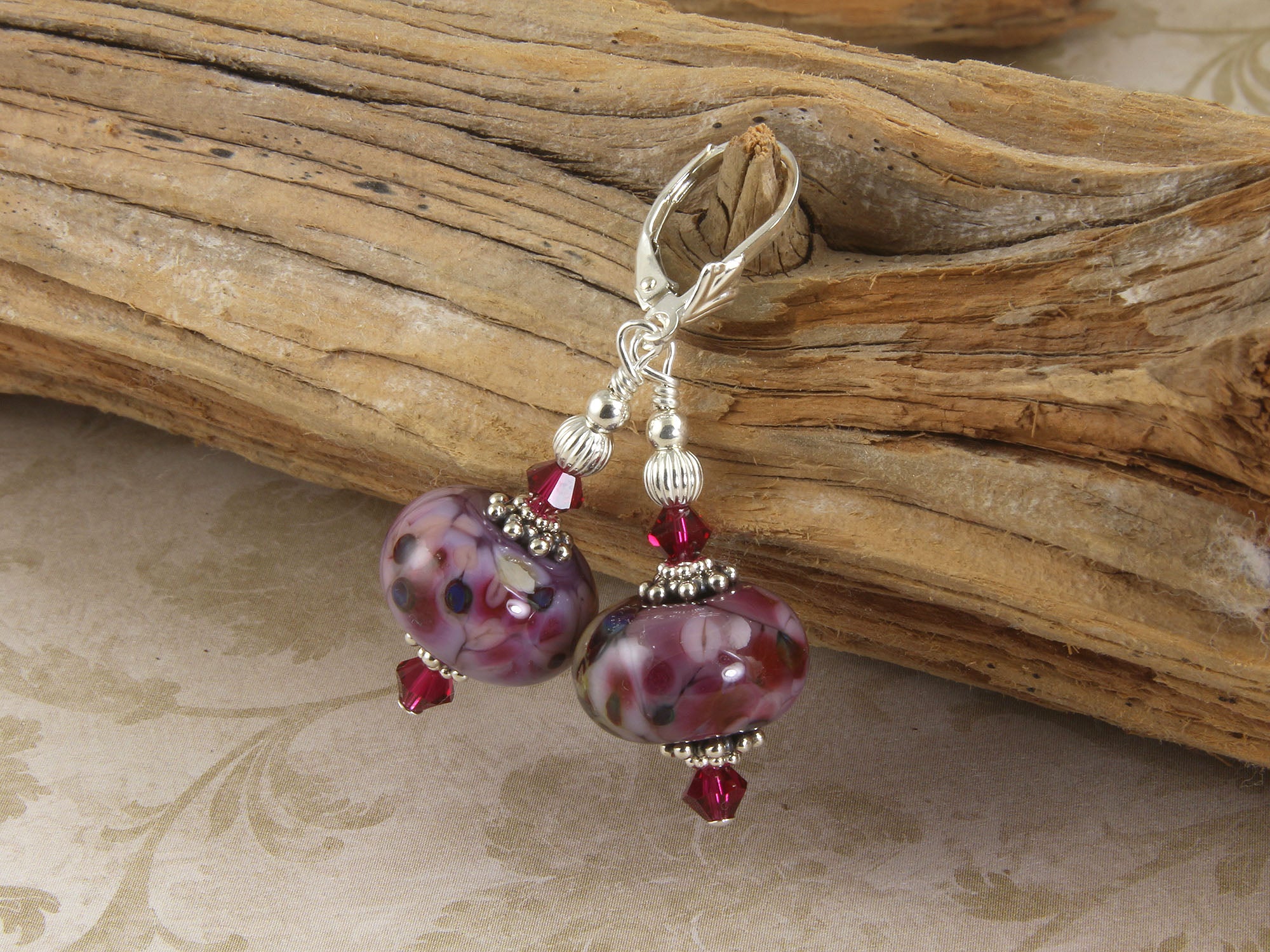 Handmade Ruby Violet Mosaic Lampwork Glass Earrings | Bohemian Beaded Jewelry for Women | Perfect for Weddings, Parties & Special Occasions