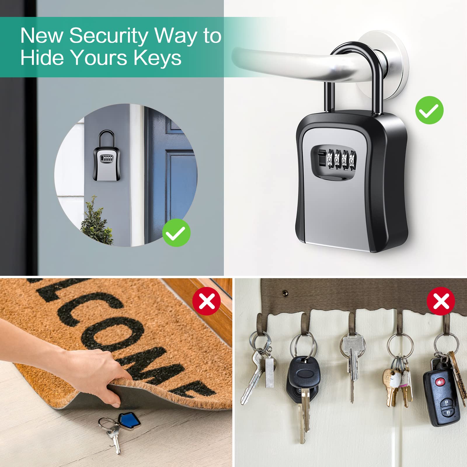 ORIA 4 Digit Combination Key Lock Box - Wall Mounted Key Safe with Shackle for House, Car & Office Keys (Holds 5 Keys, Silver) - Perfect for Home Security, Vacation Rentals & Property Management