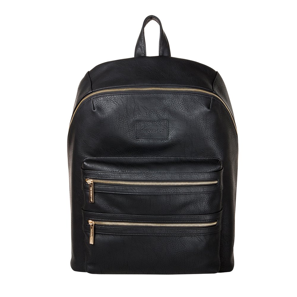 The Honest Company Vegan Leather City Backpack - Stylish Diaper Bag with Detachable Changing Pad | Black Eco-Friendly Leather with Gold Accents | PVC-Free Lining (16