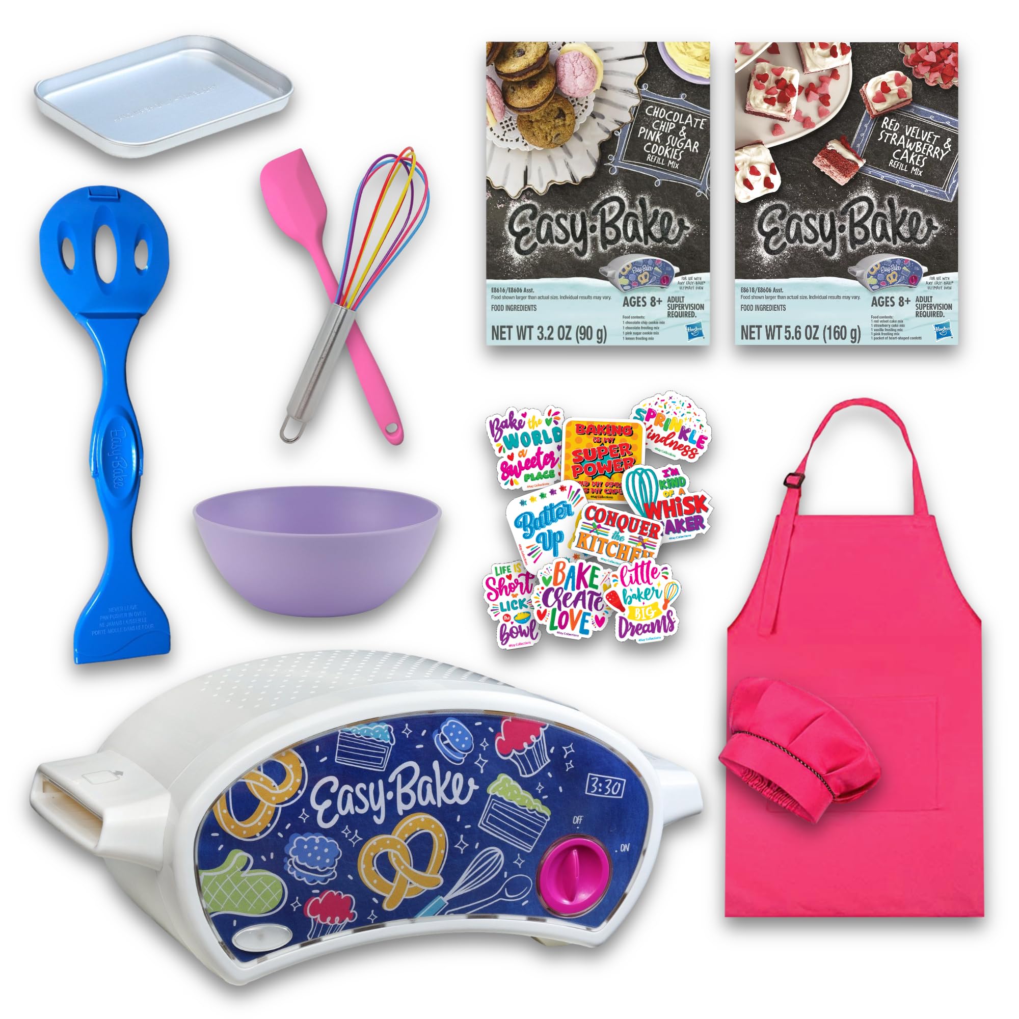 Ultimate Kids Baking Oven Set with 19-Piece Accessories - Pretend Play Kitchen Toy with Oven, 2 Refill Mixes, Apron, Chef Hat, Mixing Bowl, Spatula, Whisk, 9 Stickers & Baking Tools (Pink) - Perfect for Birthday Gifts & Pretend Cooking Play for Toddlers Ages 3-6