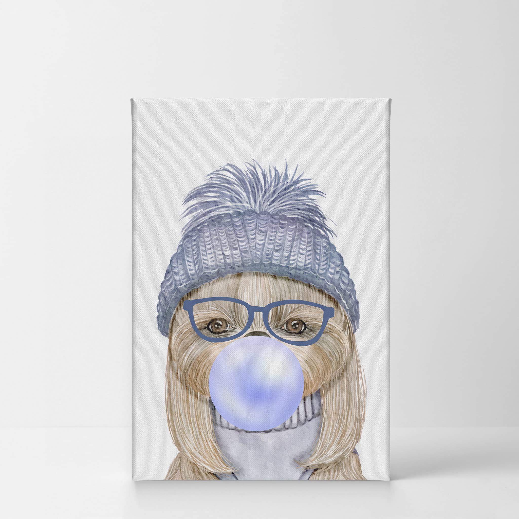 Smile Art Design Dog Portrait with Blue Hat Chewing Bubble Gum - Canvas Wall Art Print for Pet Lovers, Pop Art Decor for Office, Living Room, Bedroom & Nursery (36x24) - Perfect Gift for Dog Owners & Animal Enthusiasts