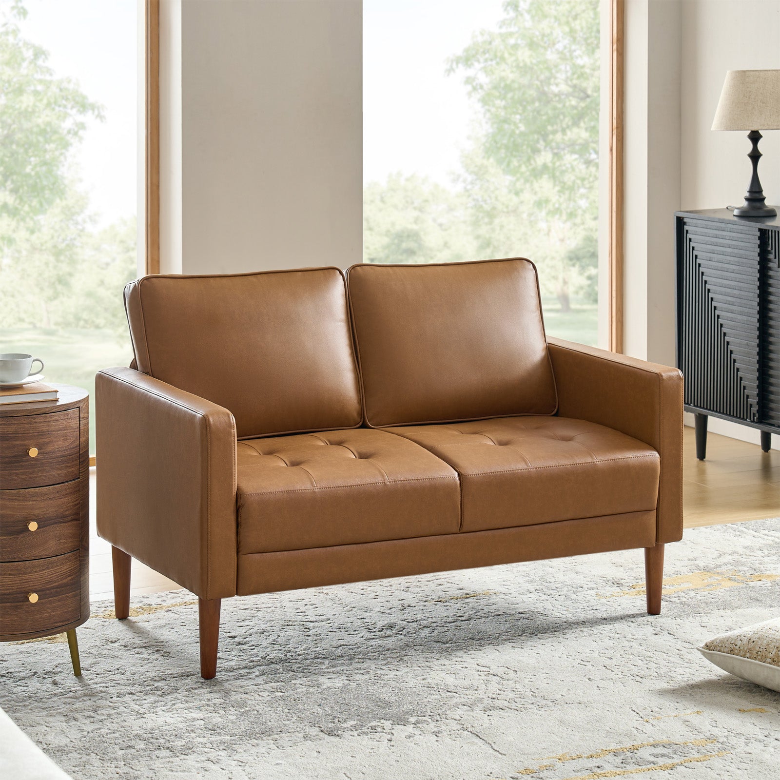 Mid Century Loveseat Sofa with Solid Wood Legs - Vintage Style Small Couch for Living Room, Bedroom, or Office - Comfortable Two-Seater for Modern Home Decor