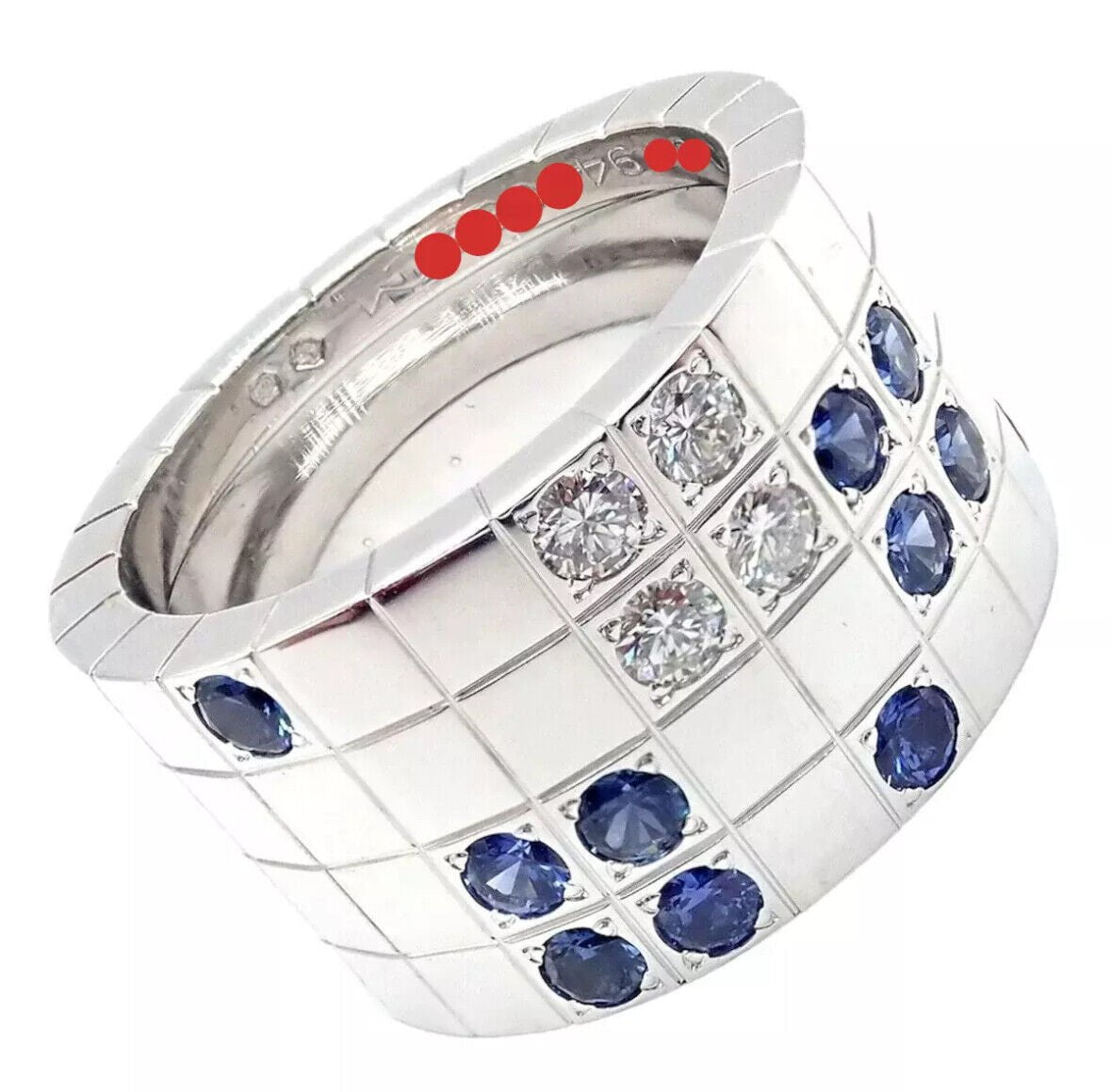 Cartier 18k White Gold Lanieres Diamond & Blue Sapphire Wide Band Ring - Size 6.5 (US 53) - Luxury Wedding Band, Anniversary Gift for Her, Elegant Jewelry for Special Occasions