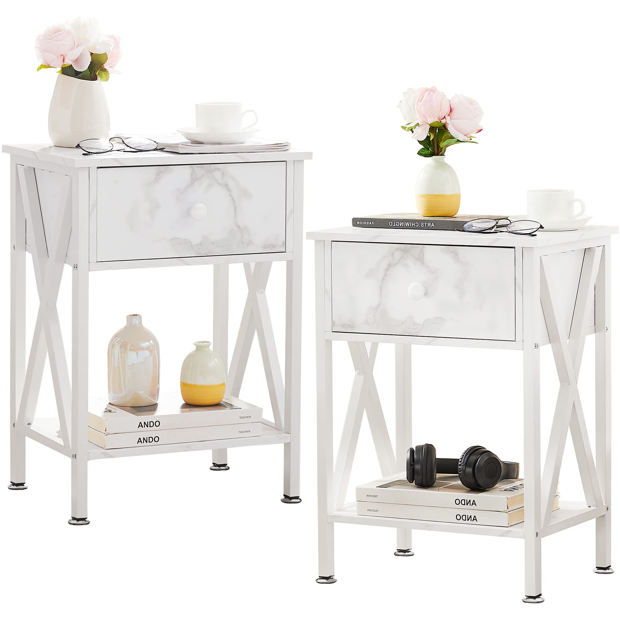 Modern Nightstand Set of 2 with Storage Drawer - Industrial Metal Frame Side Table for Bedroom & Living Room - White End Tables for Small Spaces, Apartment Decor & Guest Room Essentials