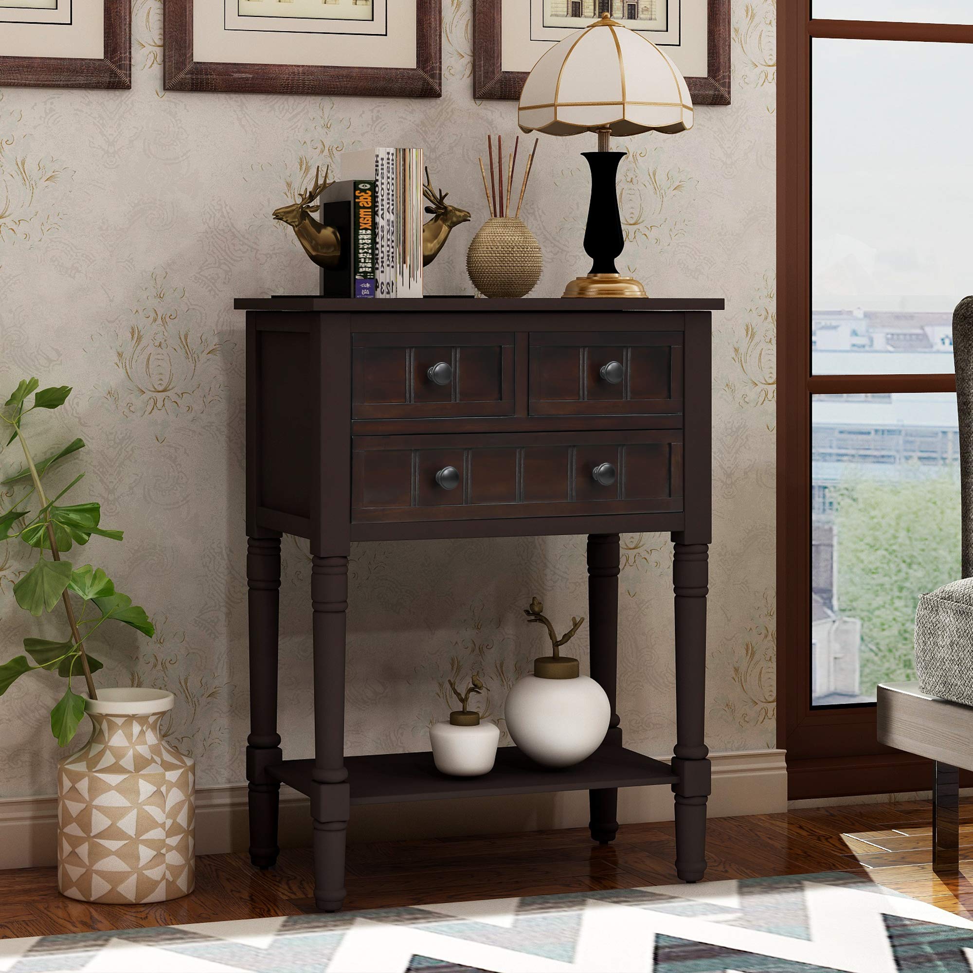 Narrow Entry Console Table with 3 Drawers - Espresso for Hallway & Living Room