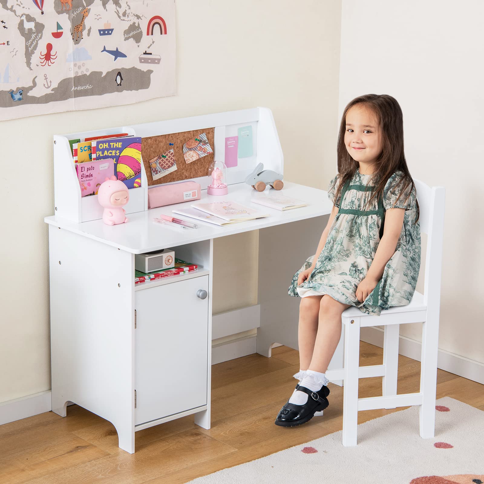 Costzon Kids Desk and Chair Set - Adjustable Wooden Study Table with Storage, Hutch, Cork Board & Whiteboard | Ergonomic Children's Writing Desk for Homework, Online Learning & Bedroom | Perfect for School, Homeschool & Small Spaces (White)
