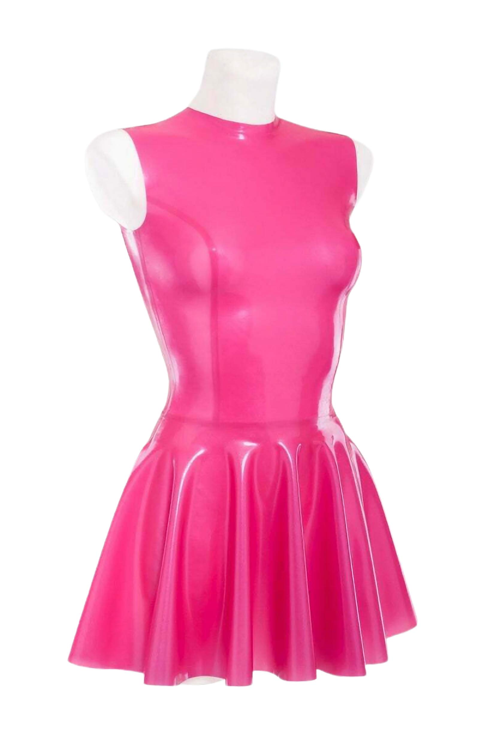 Stylish Latex Pleated Skirts & Sleeveless Boat Neck Dresses - 0.4mm Thick Customizable Pink Short Skirt Dress (No Zipper) | Perfect for Clubwear, Cosplay, and Fashion Shows