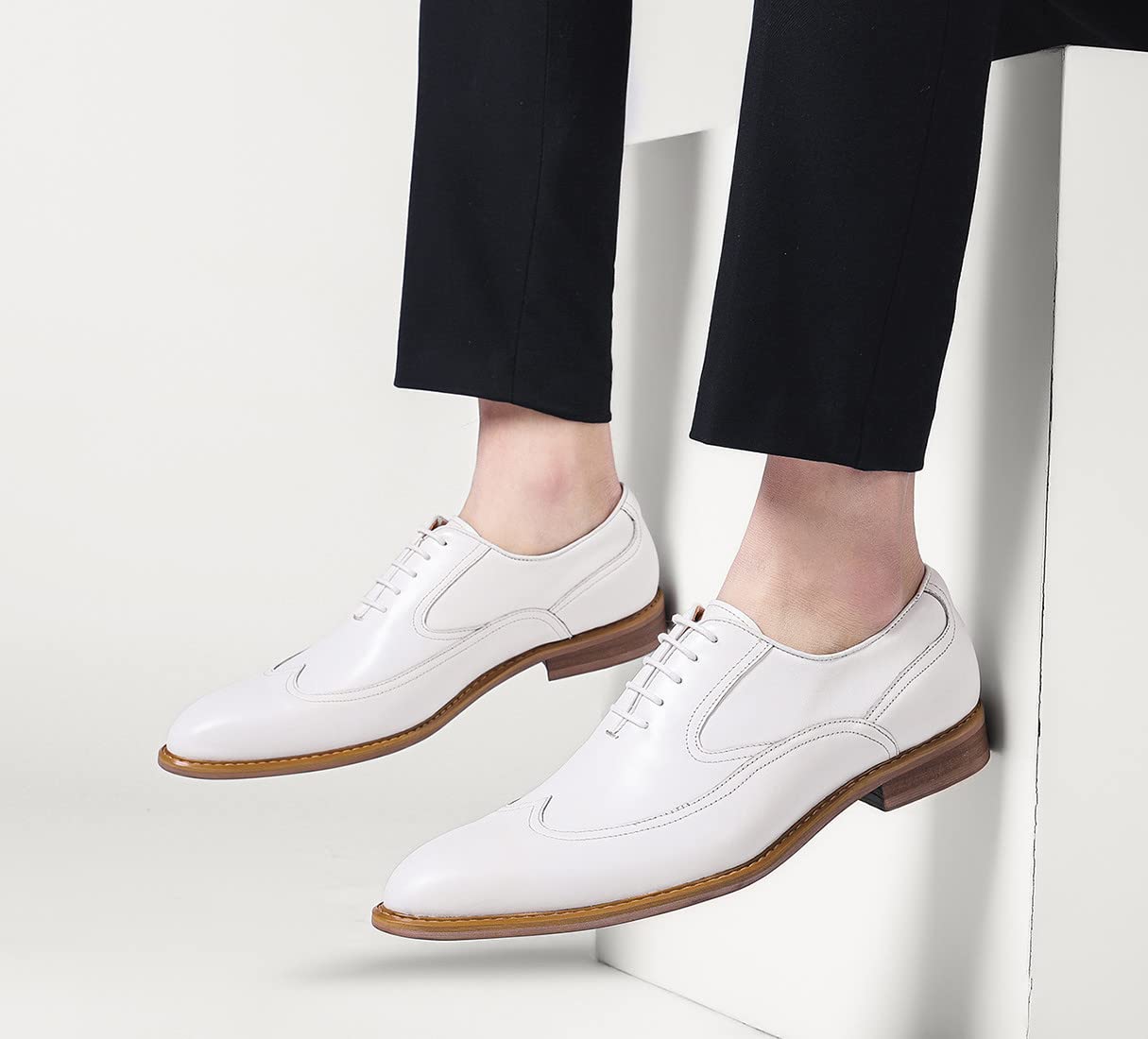 Men's Formal Leather Wingtip Oxford Dress Shoes - White | Classic Business & Wedding Attire for Professional & Special Occasions