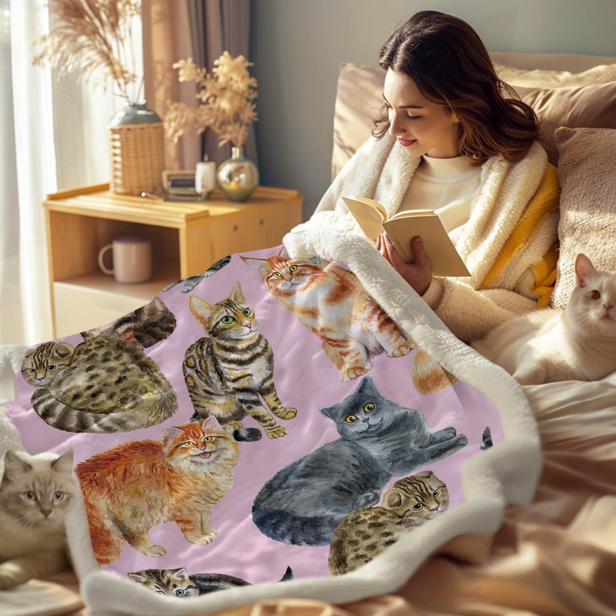 Soft Sherpa Fleece Cat Blanket for Kids & Adults - 50x60 Inch Cozy Throw for Bed, Couch, Chair - Perfect Gift for Cat Lovers (Pink) | Ideal for Nap Time, Movie Nights & Winter Warmth