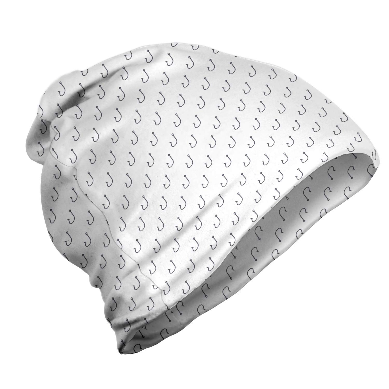 Ambesonne Unisex Beanie Hat - Sealife Anchor Fish Hook Design - Warm Grey & White Knitted Winter Cap for Men & Women - Perfect for Hiking, Outdoor Activities & Cold Weather