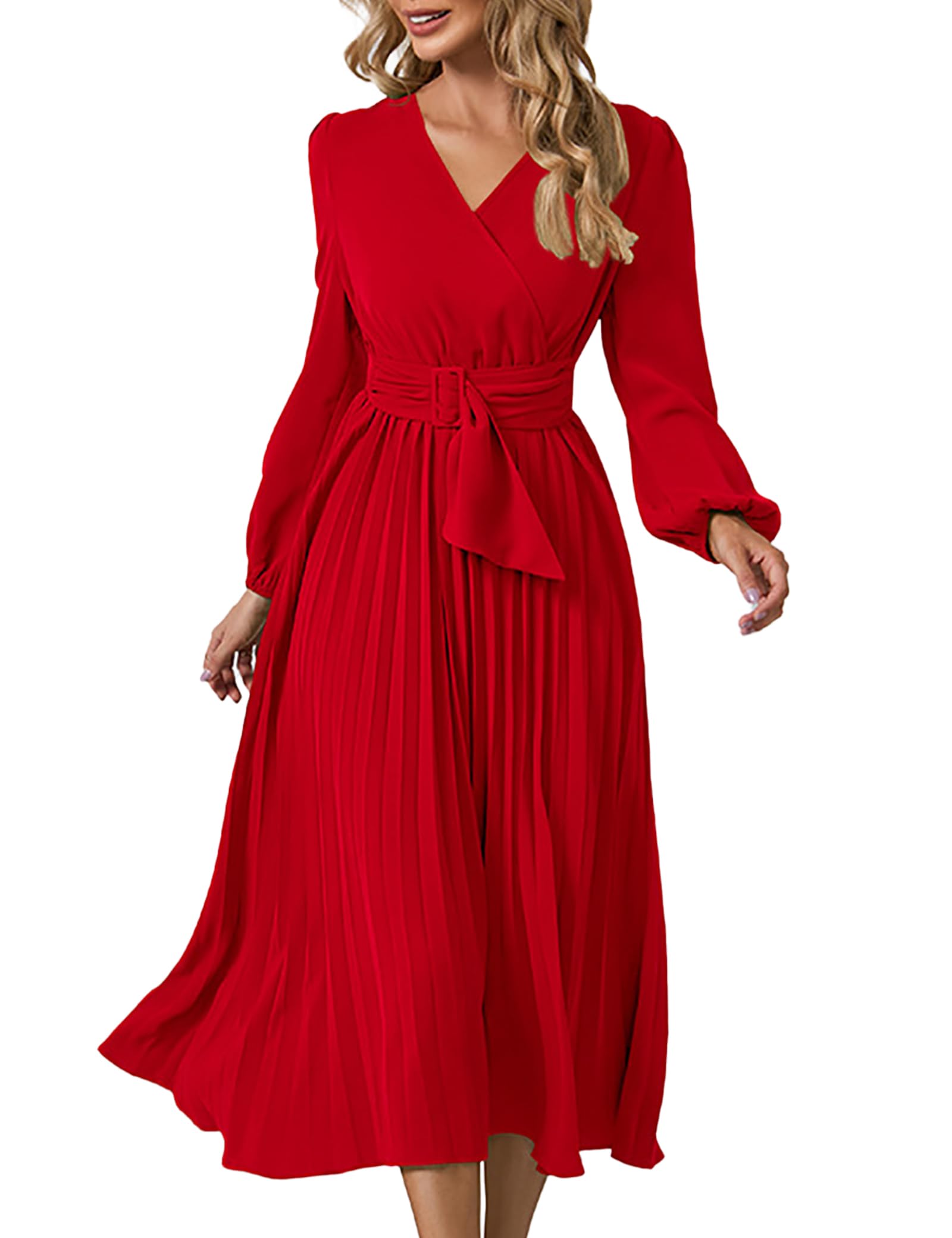 SDEER Women's Casual Midi Dress - V Neck Long Sleeve Pleated High Waist Flowy Dress for Wedding Guest, Party, Office & Everyday Wear