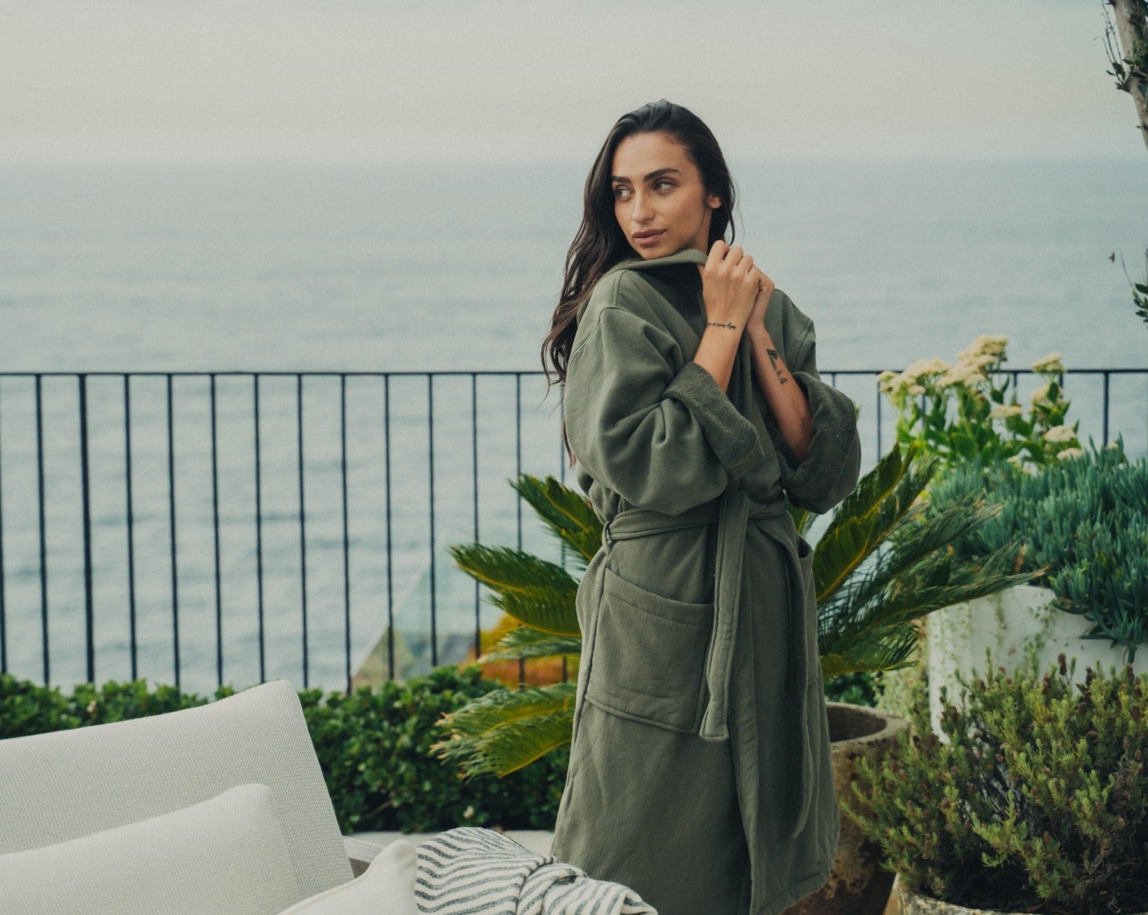 Vintage Wash Robe for Women - Soft Olive Green Cotton Bathrobe with Pockets | Cozy Loungewear for Spa, Home & Relaxation