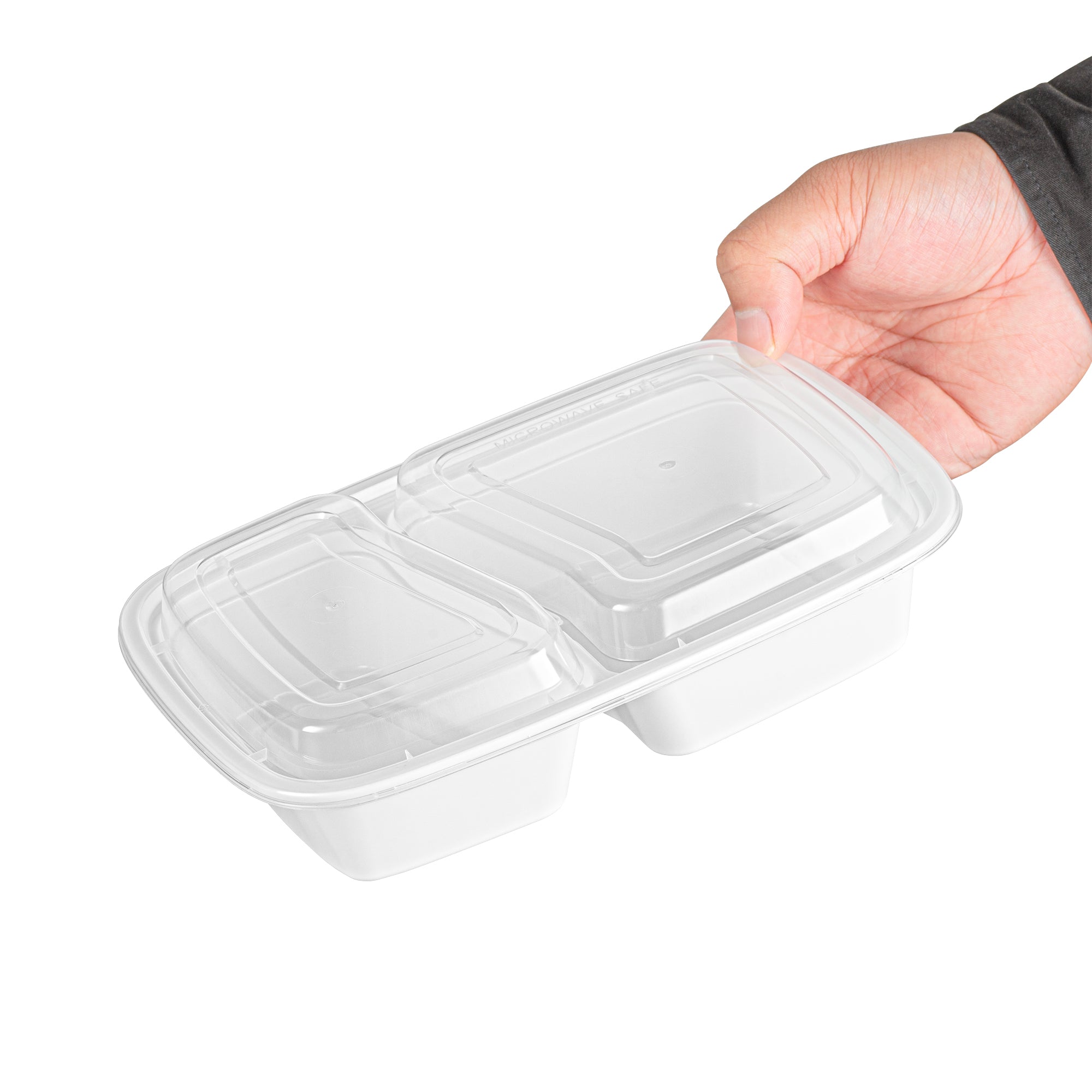 32 oz White Plastic 2-Compartment Food Storage Containers with Clear Lids - Microwave Safe, 8.75