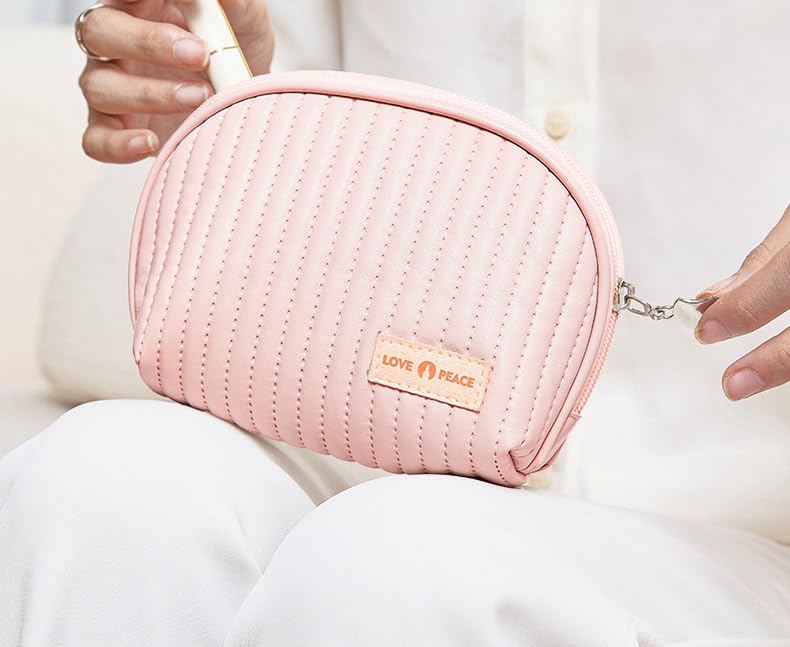 Mini Makeup Pouch with Zipper - Small Cosmetic Bag for Purse, Cute Pink & Cream Travel Organizer for Daily Essentials & Period Products | Perfect for School, Office & Travel