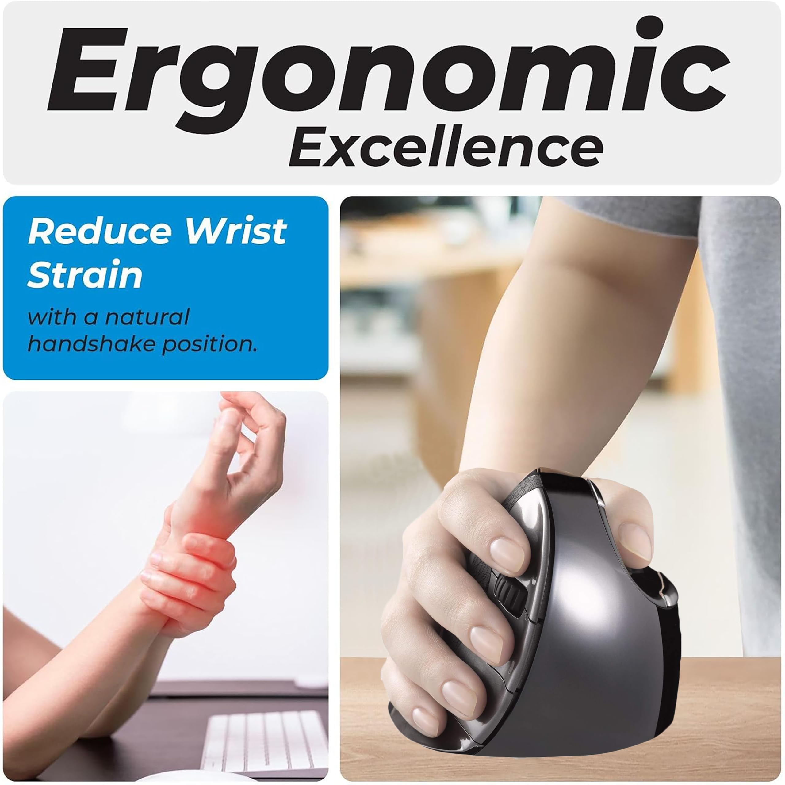 Evoluent VerticalMouse D - Ergonomic Wireless Mouse for Right Hand (Medium Size) - Perfect for Office Work, Gaming & Reducing Wrist Pain