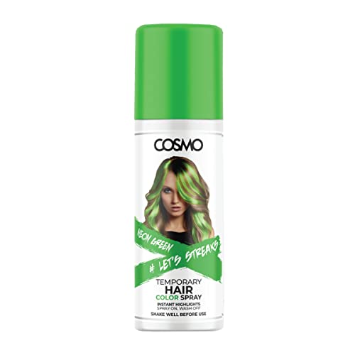 Cosmo Temporary Neon Green Hair Color Spray for Unisex - 100ml Washable Hair Dye for All Hair Types | Vibrant Semi-Permanent Color for Parties, Halloween, Cosplay & Festivals | Quick & Easy Wash Out