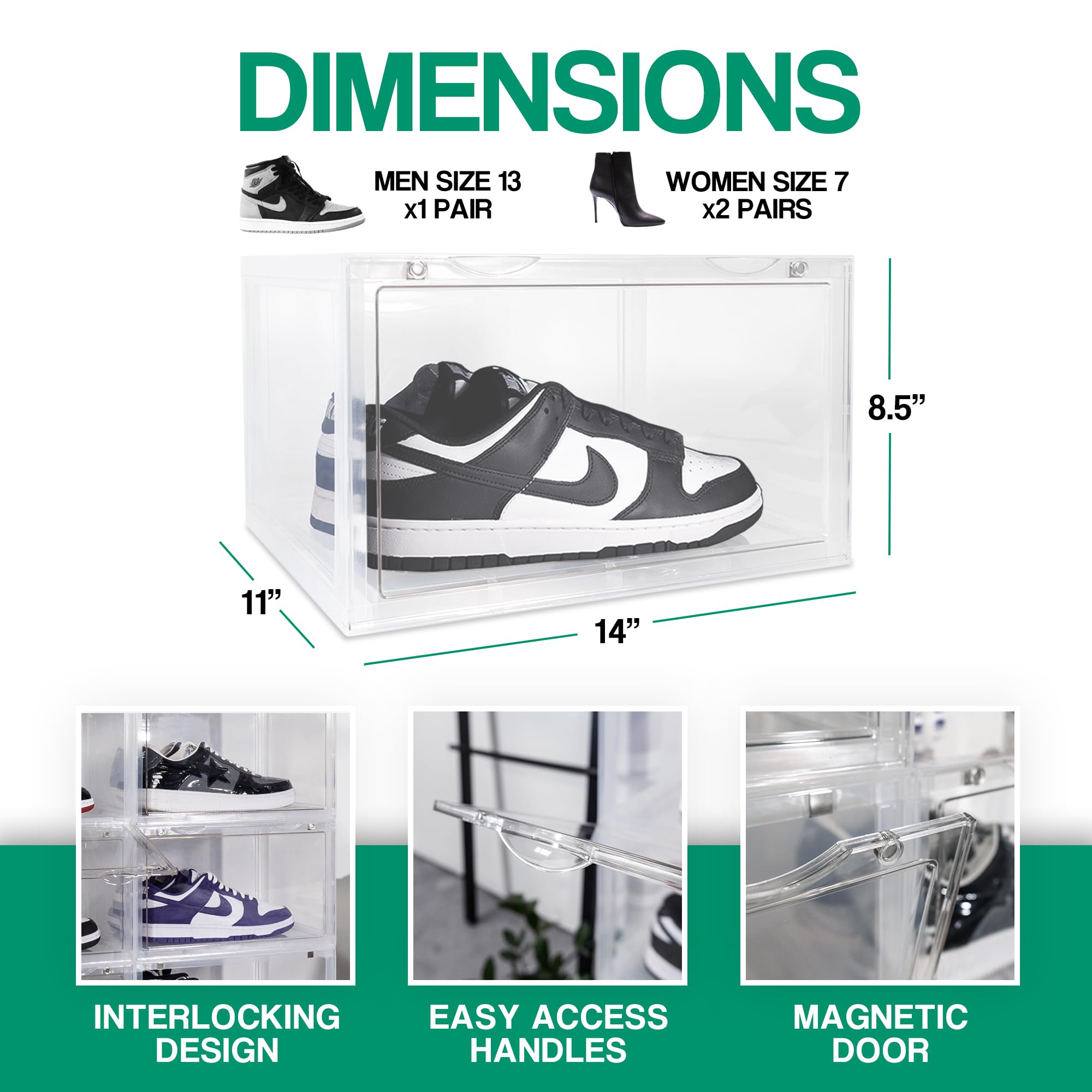 Ollie XL Foldable Stackable Shoe Storage Box Organizer - Clear Hard Plastic Shoe Boxes for Size 13 Shoes - Perfect for Jordan Sneakers, Boots & Heels (12-Pack) | Ideal for Closet Organization, Sneaker Collection & Shoe Display