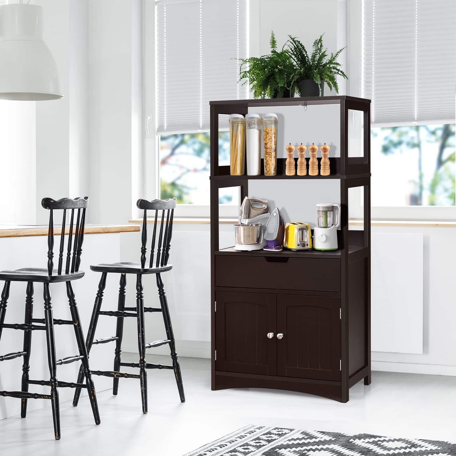 HAPPYGRILL Freestanding Bathroom Floor Cabinet with 2 Open Shelves, Drawer & Door - Anti-Tip Storage Organizer for Bathroom, Living Room, Entryway & Kitchen - Space-Saving Home Organization Solution for Towels, Toiletries & Decor