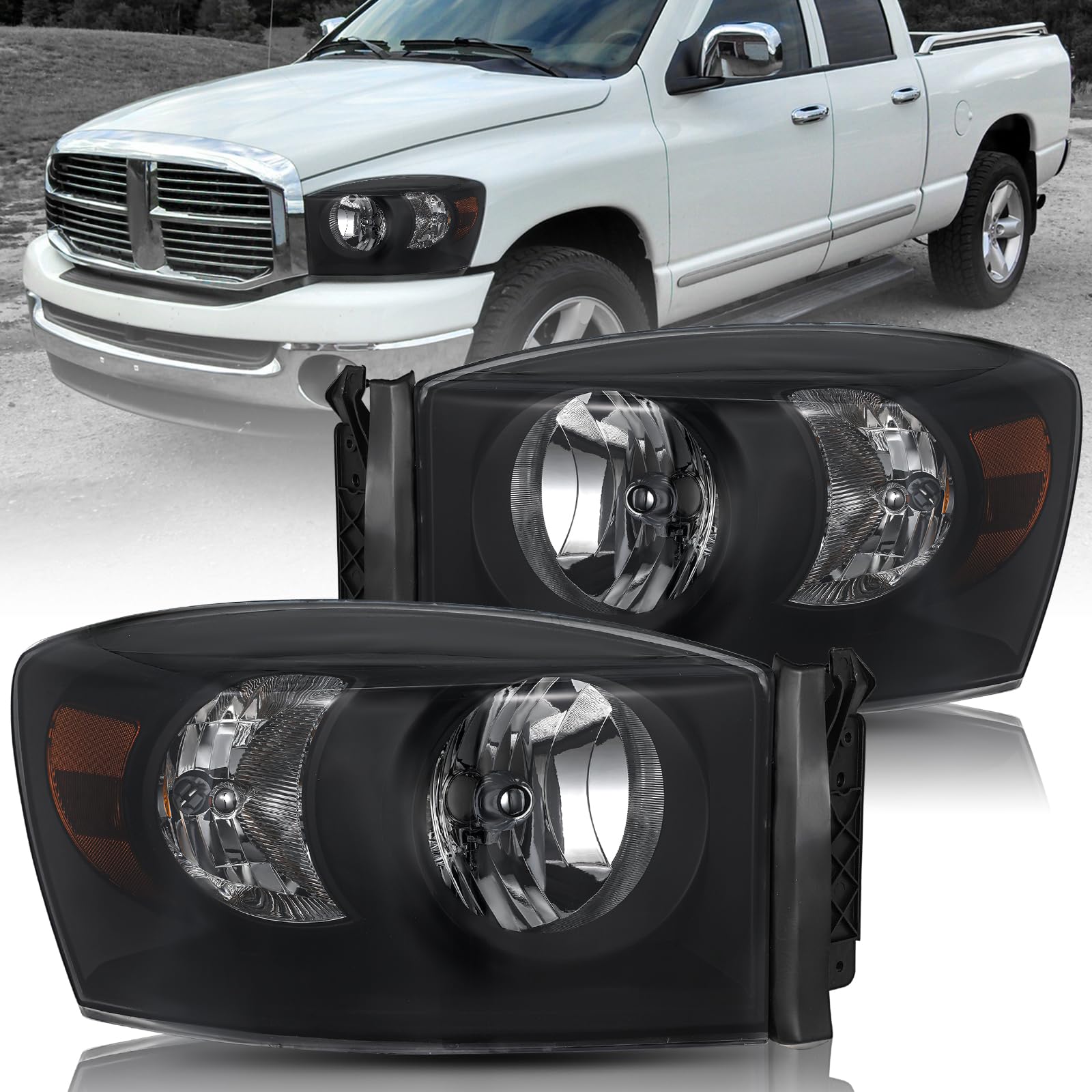 BRYGHT Anti-Fog Headlight Assembly for 2006-2008 Dodge Ram 1500 & 2006-2009 Ram 2500/3500 - Smoke Lens & Amber Reflector - OE Style Replacement - Enhanced Night Driving Safety